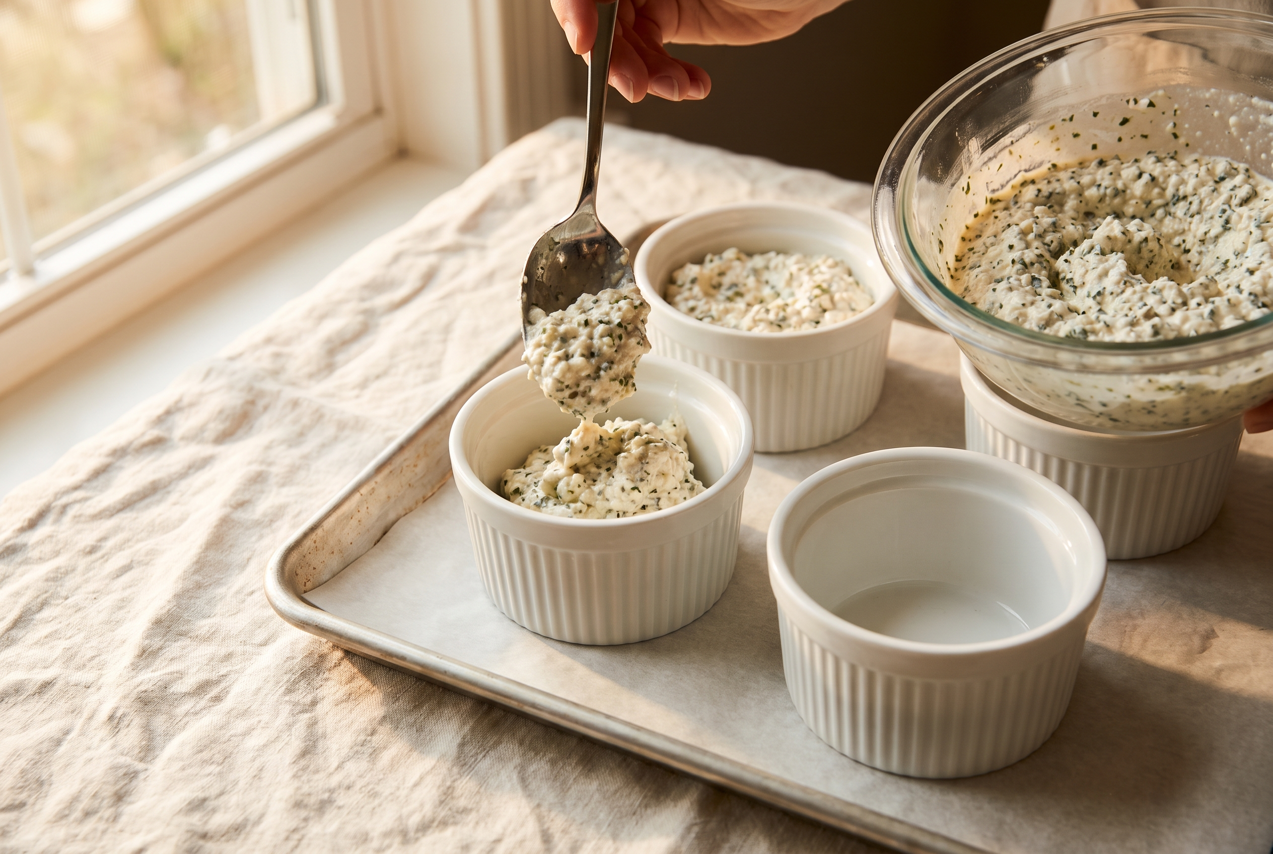 Seasoned cottage cheese being spooned into four white ramekins on a baking sheet