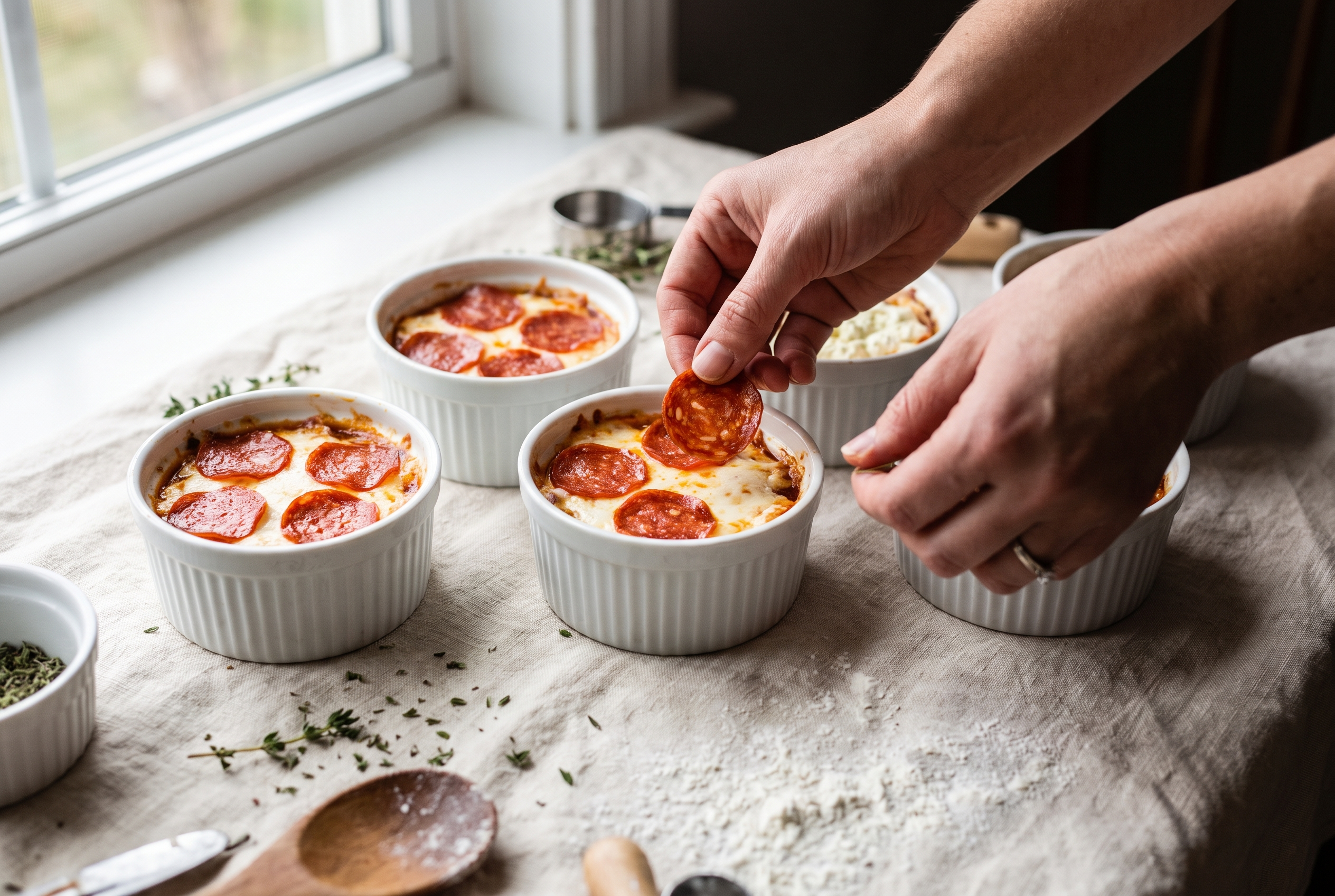 Pepperoni slices being arranged on top of cheese in pizza bowl ramekins before baking