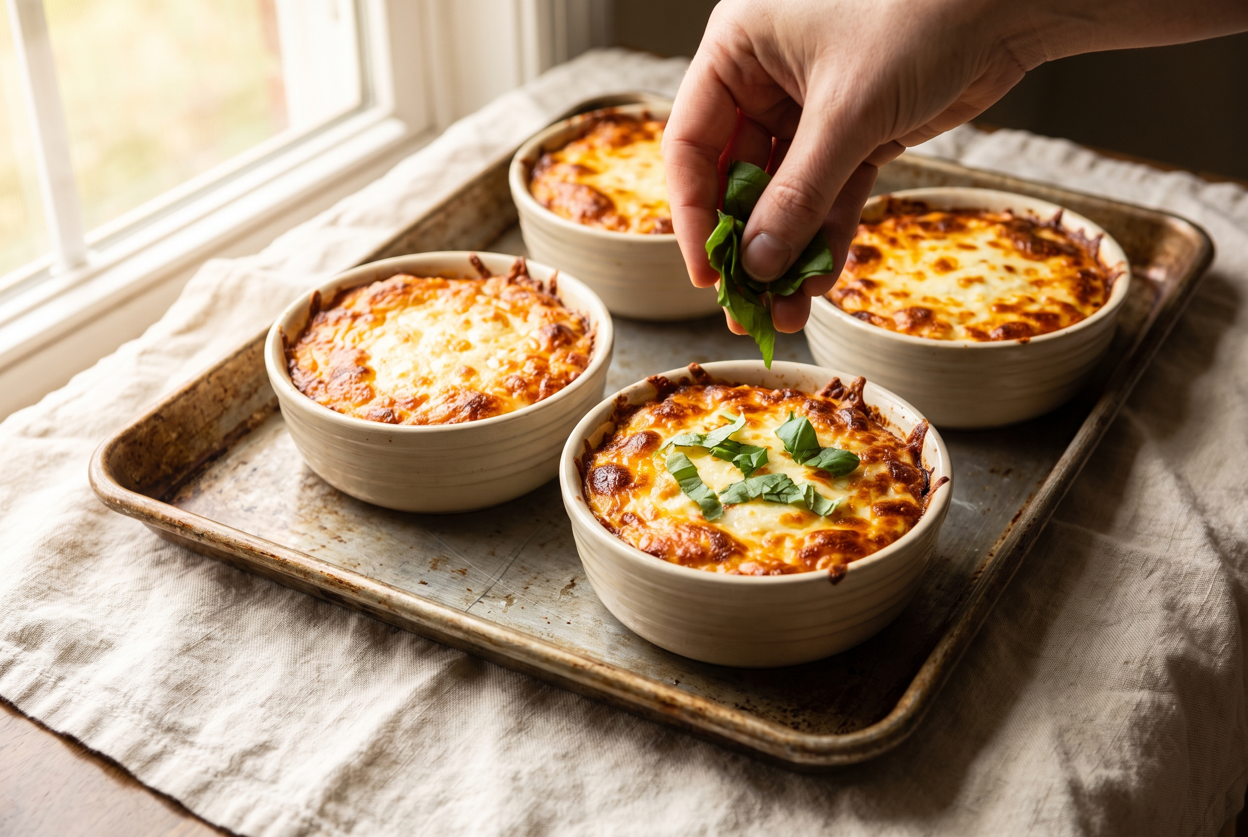 Golden bubbling cottage cheese pizza bowls just out of the oven with fresh basil