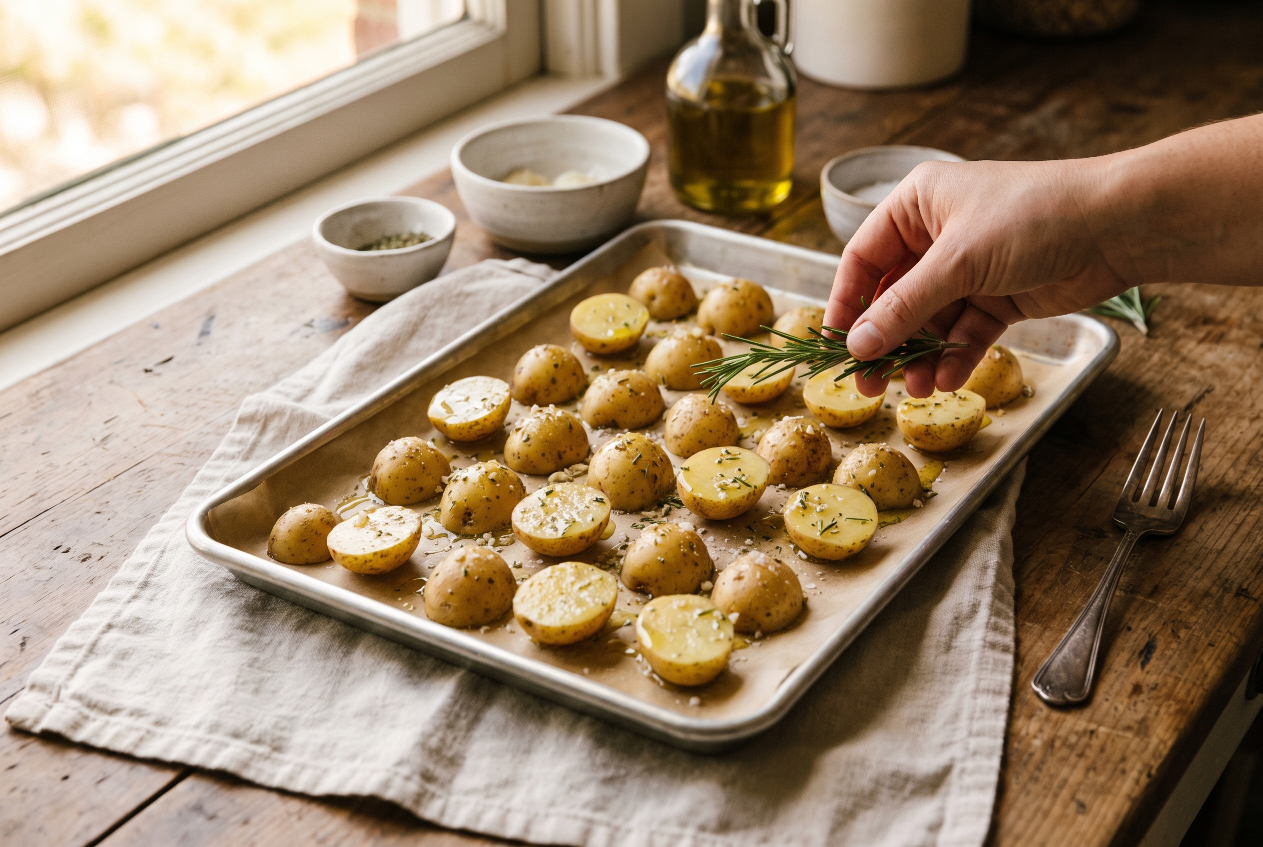 Seasoned baby potatoes spread cut-side down on a parchment-lined sheet pan, ready for the oven