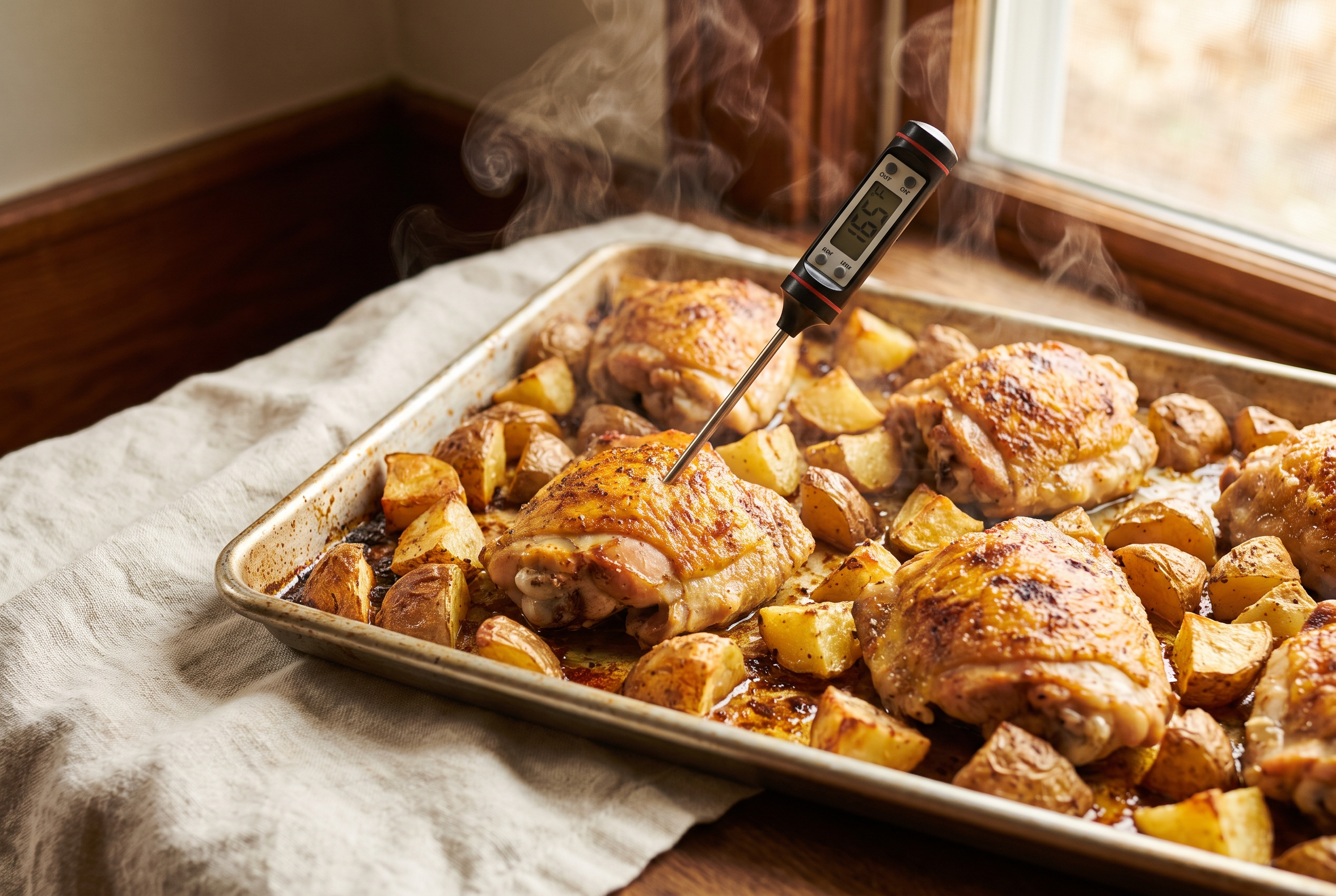 Sheet pan of golden roasted chicken thighs and crispy potatoes just out of the oven with a thermometer in a thigh