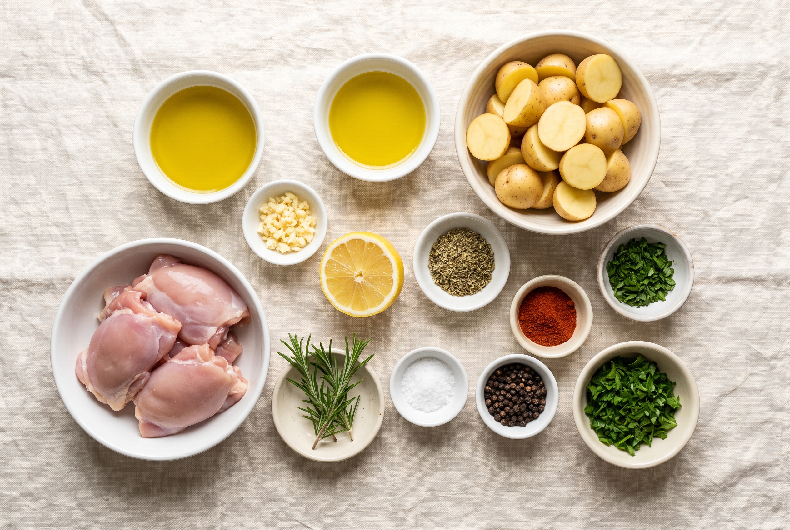 Ingredients for sheet pan chicken and potatoes: raw chicken thighs, halved baby potatoes, olive oil, garlic, lemon, oregano, paprika, rosemary, salt and pepper in small bowls