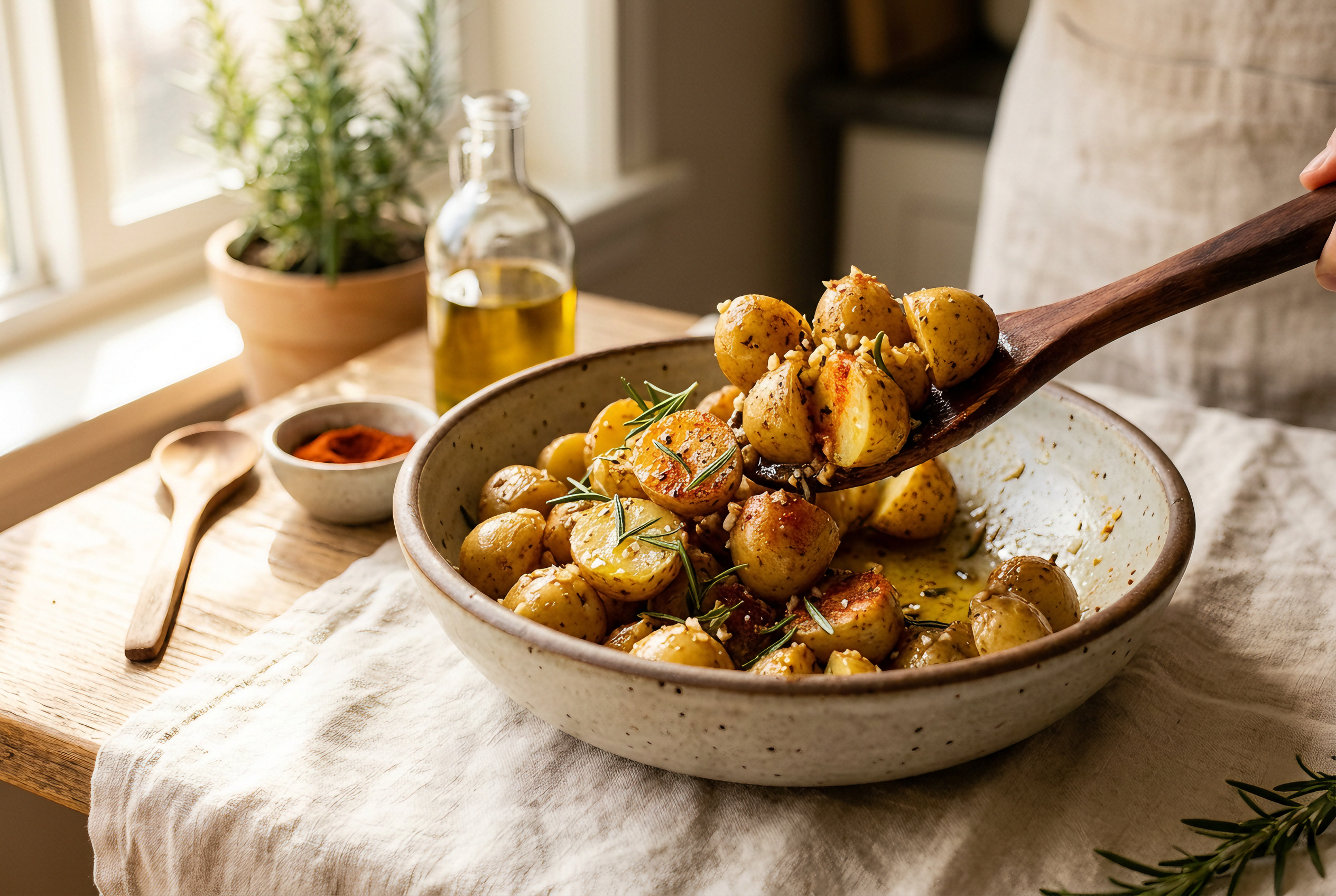 Halved baby potatoes being tossed with olive oil, garlic, paprika and rosemary in a bowl for a sheet pan chicken dinner