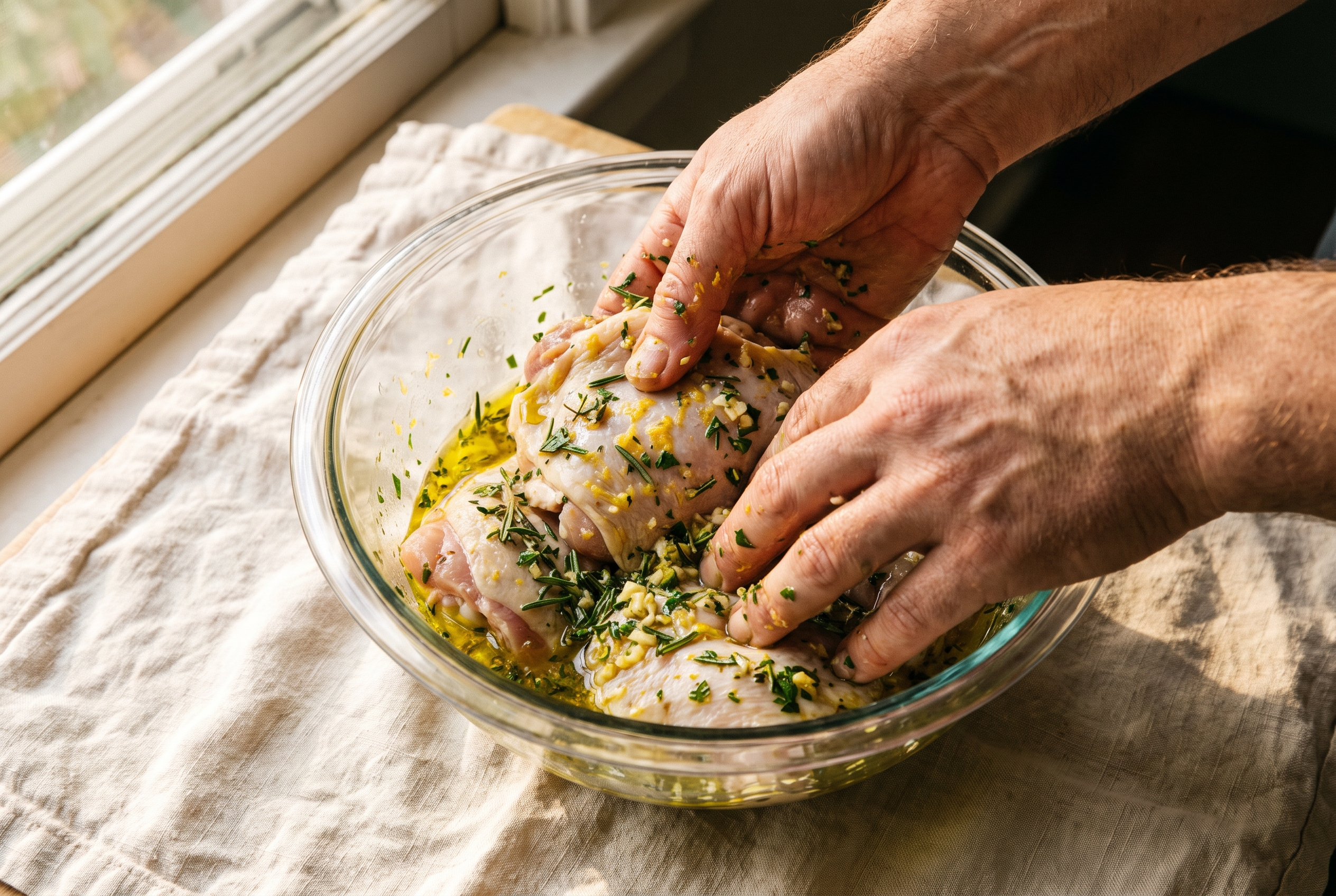 Raw chicken thighs being rubbed with a lemon garlic herb marinade in a glass bowl
