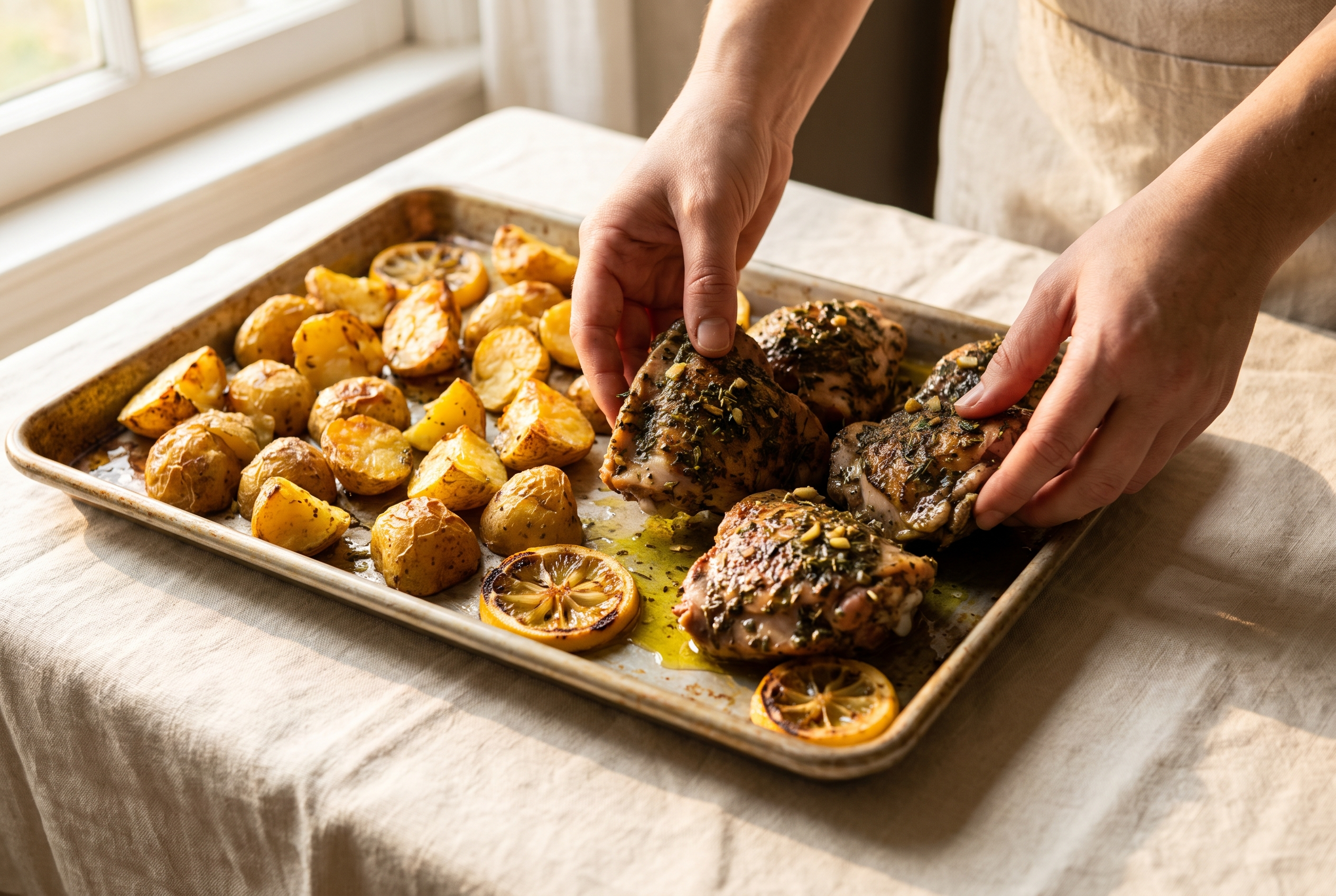 Marinated chicken thighs being nestled among par-roasted potatoes on a sheet pan with lemon slices