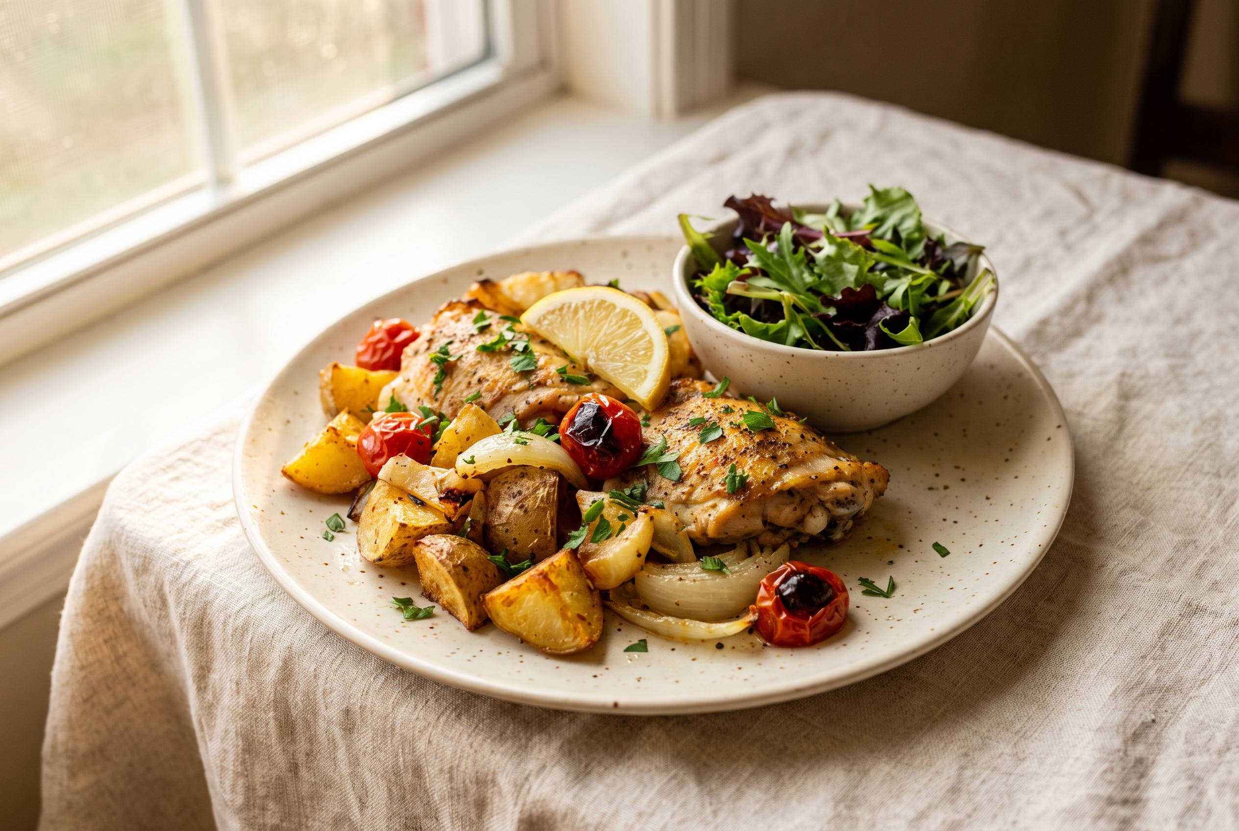 Plated sheet pan chicken and potatoes with a lemon wedge, chopped parsley and a small green salad