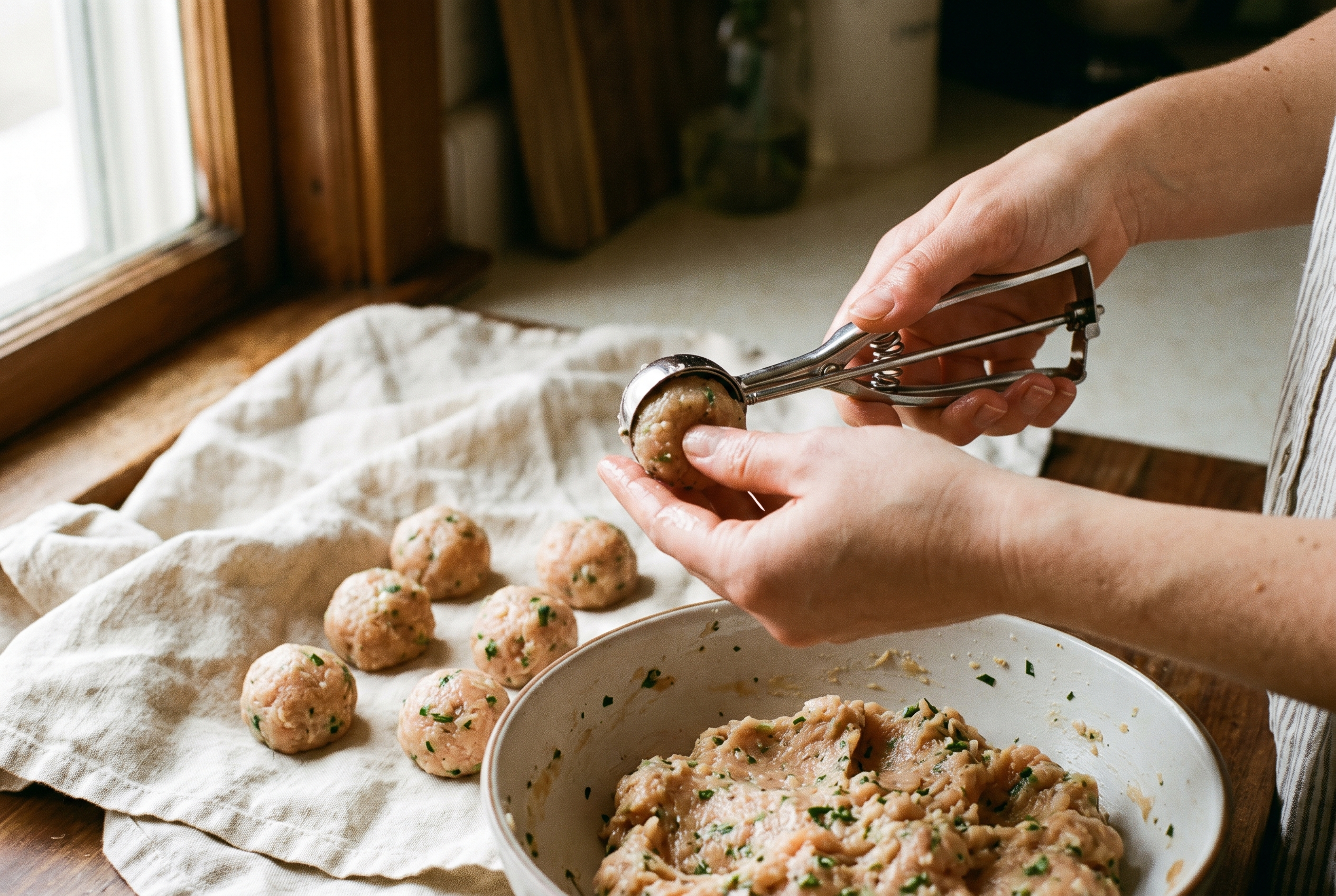 Hands rolling chicken meatball mixture into even balls with a cookie scoop
