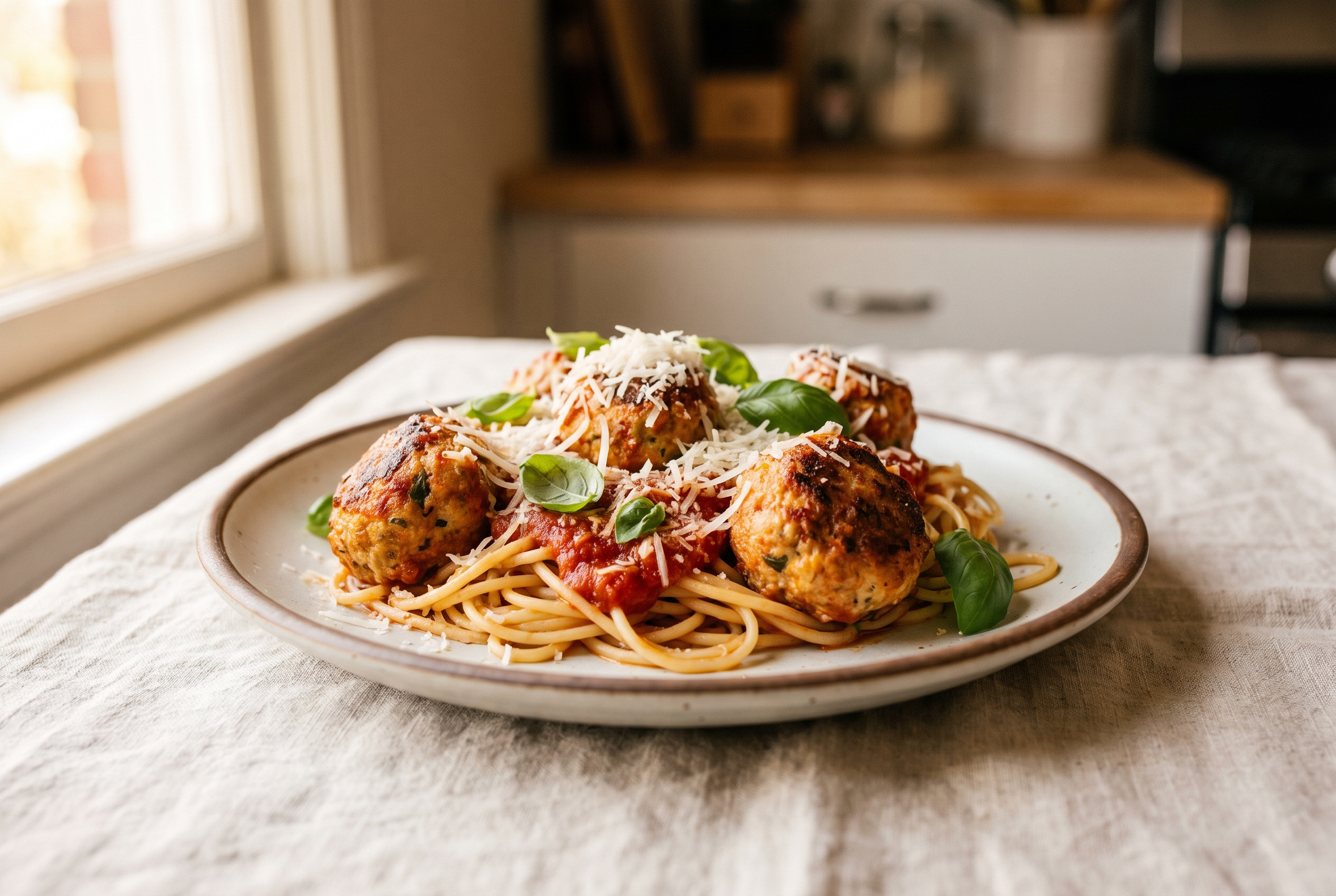 Baked chicken meatballs served over spaghetti with marinara sauce, grated parmesan and fresh basil