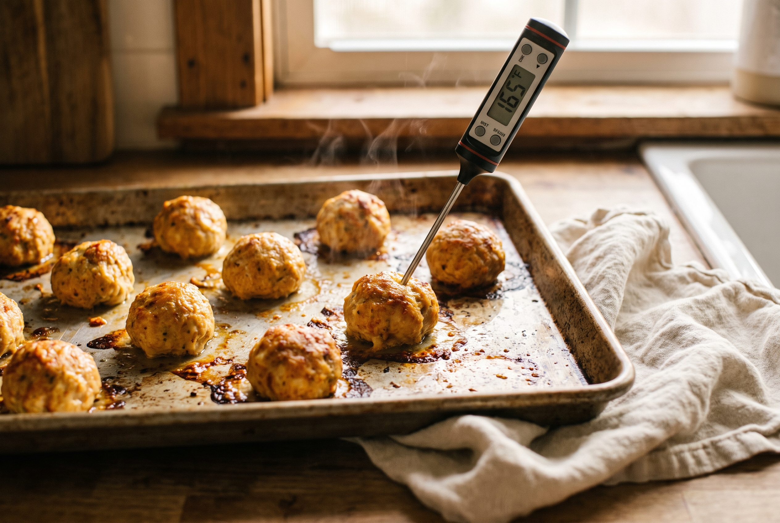 Golden baked chicken meatballs just out of the oven on a sheet pan with a thermometer inserted in one