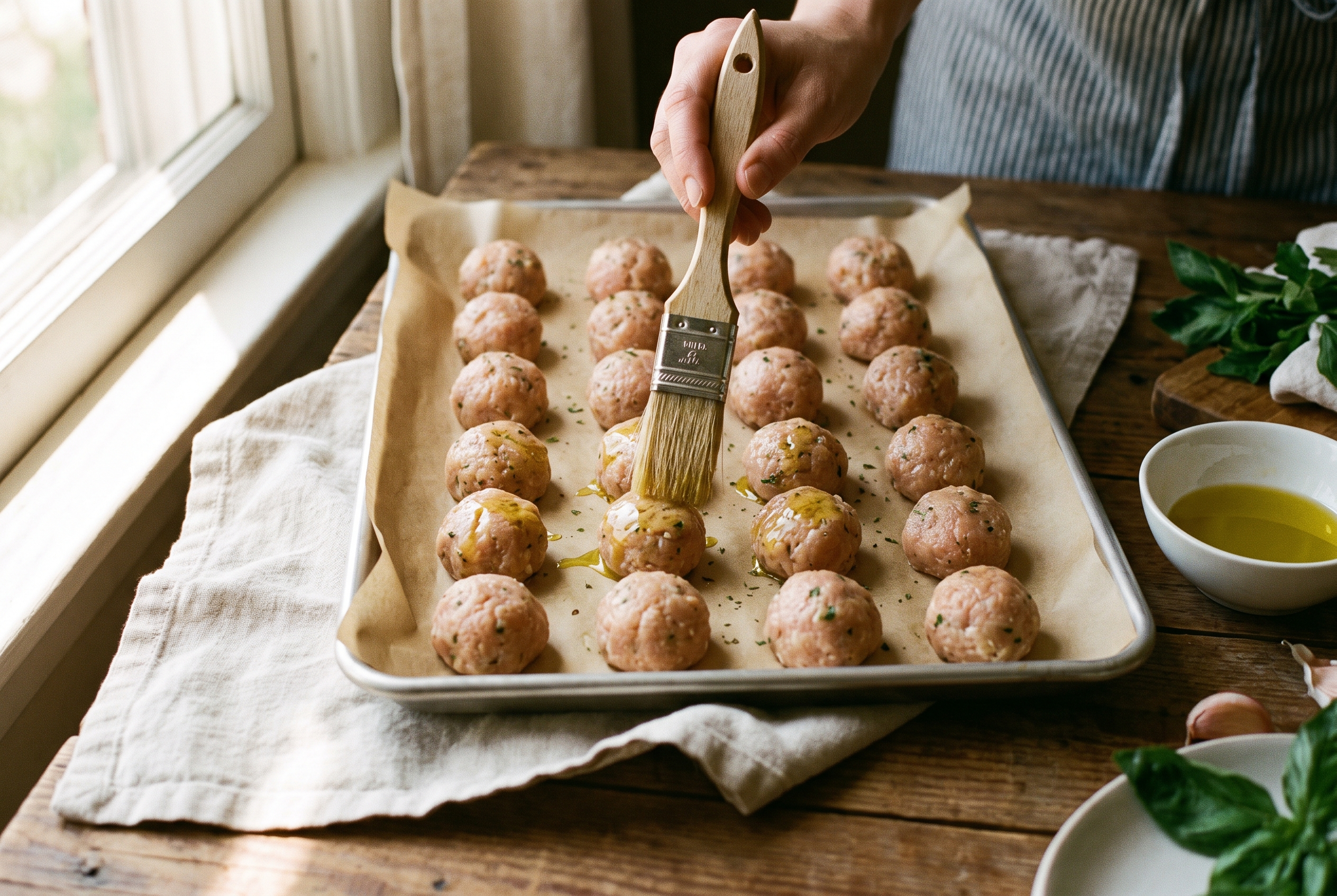 Raw chicken meatballs in neat rows on a parchment-lined sheet pan being brushed with olive oil