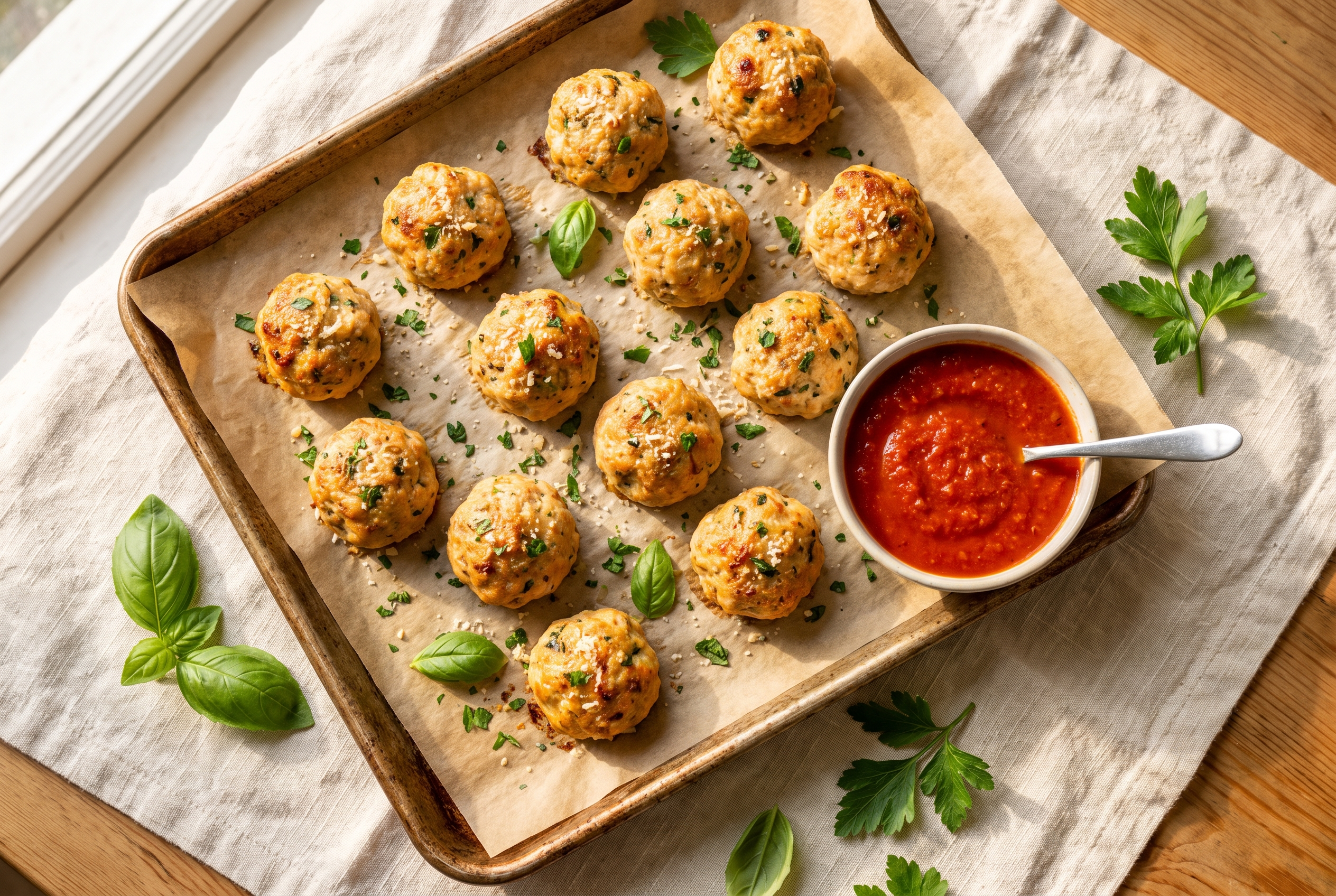 Baked chicken meatballs — golden juicy parmesan herb ground chicken meatballs on a sheet pan with a bowl of marinara and fresh basil
