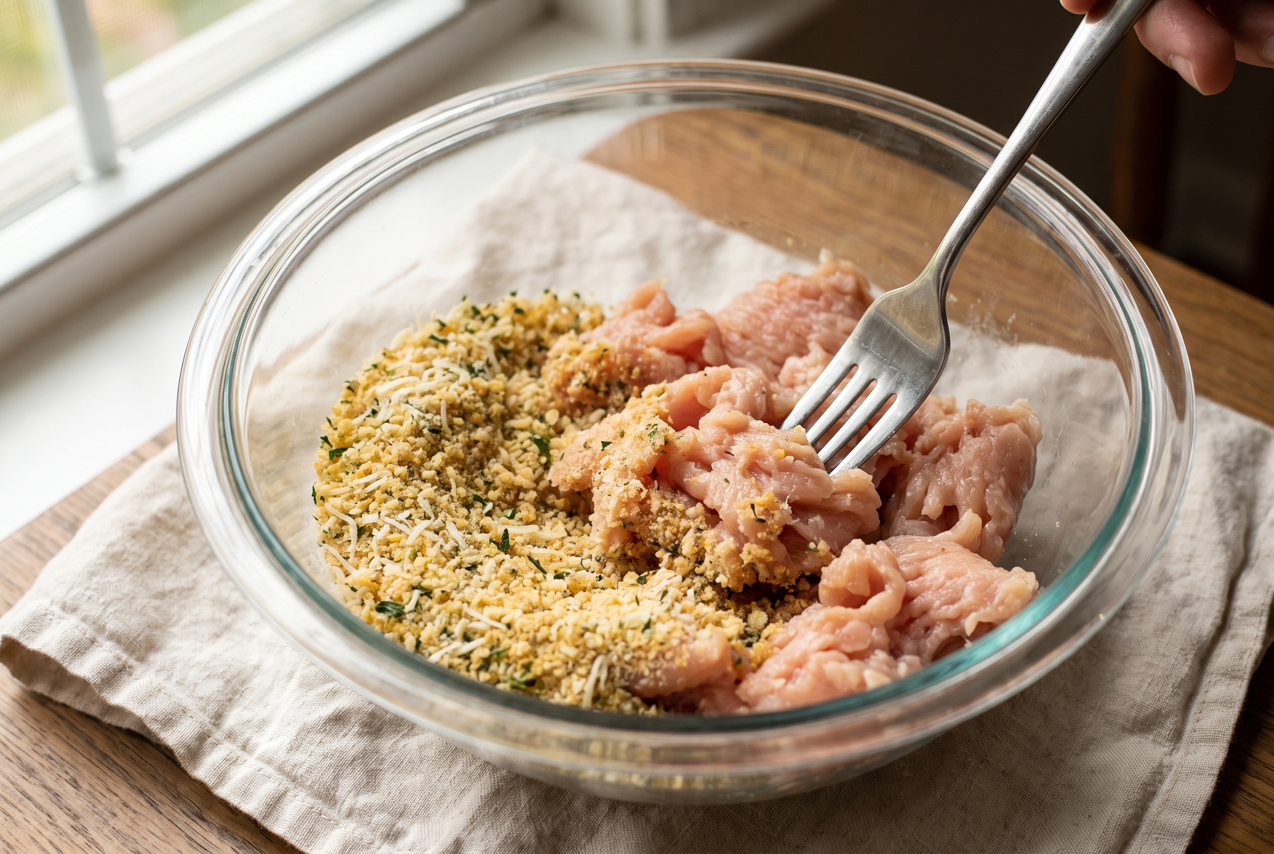 Raw ground chicken being gently folded into a breadcrumb parmesan herb mixture with a fork
