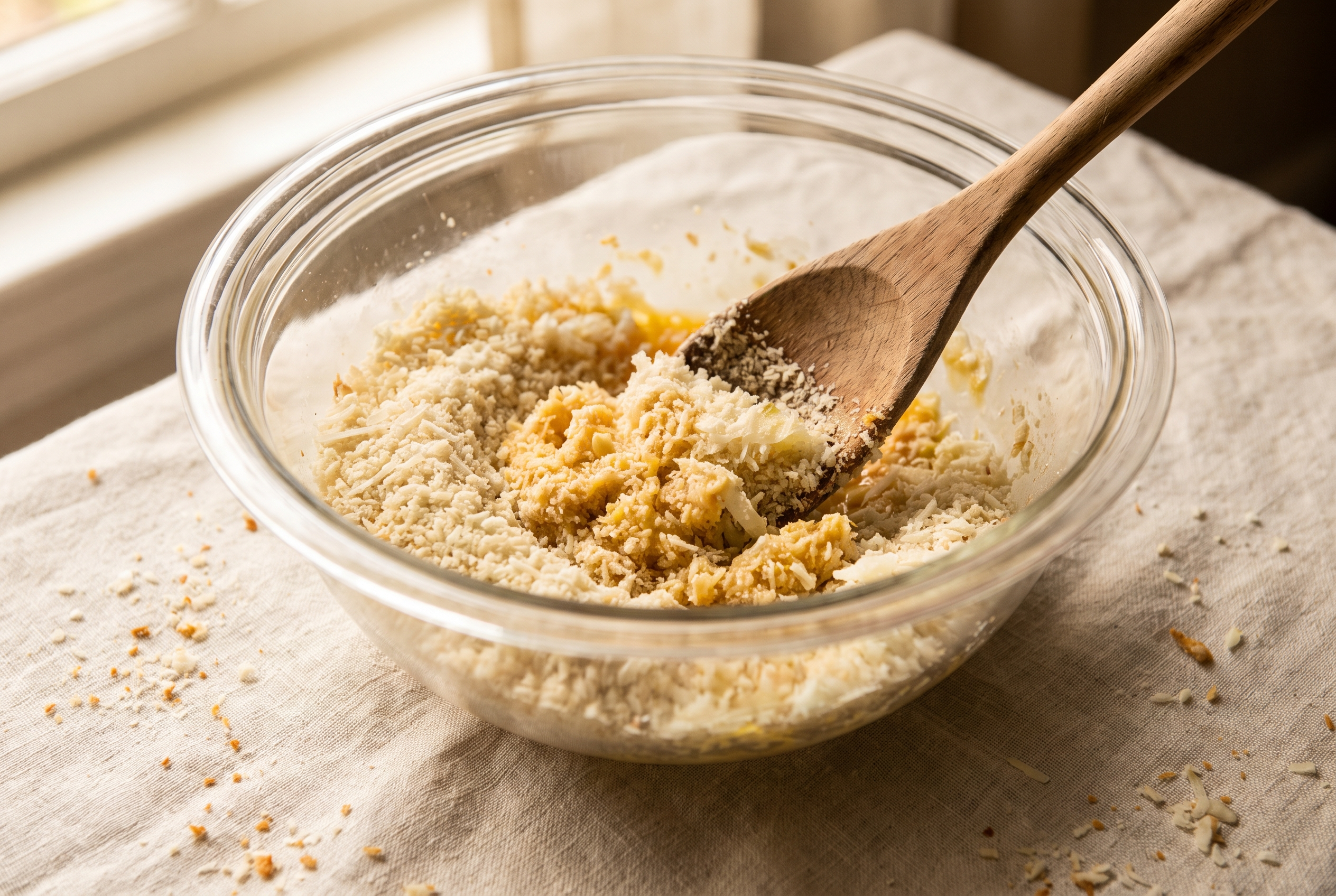 Panko breadcrumbs, grated parmesan, beaten egg and grated onion being stirred together in a glass mixing bowl