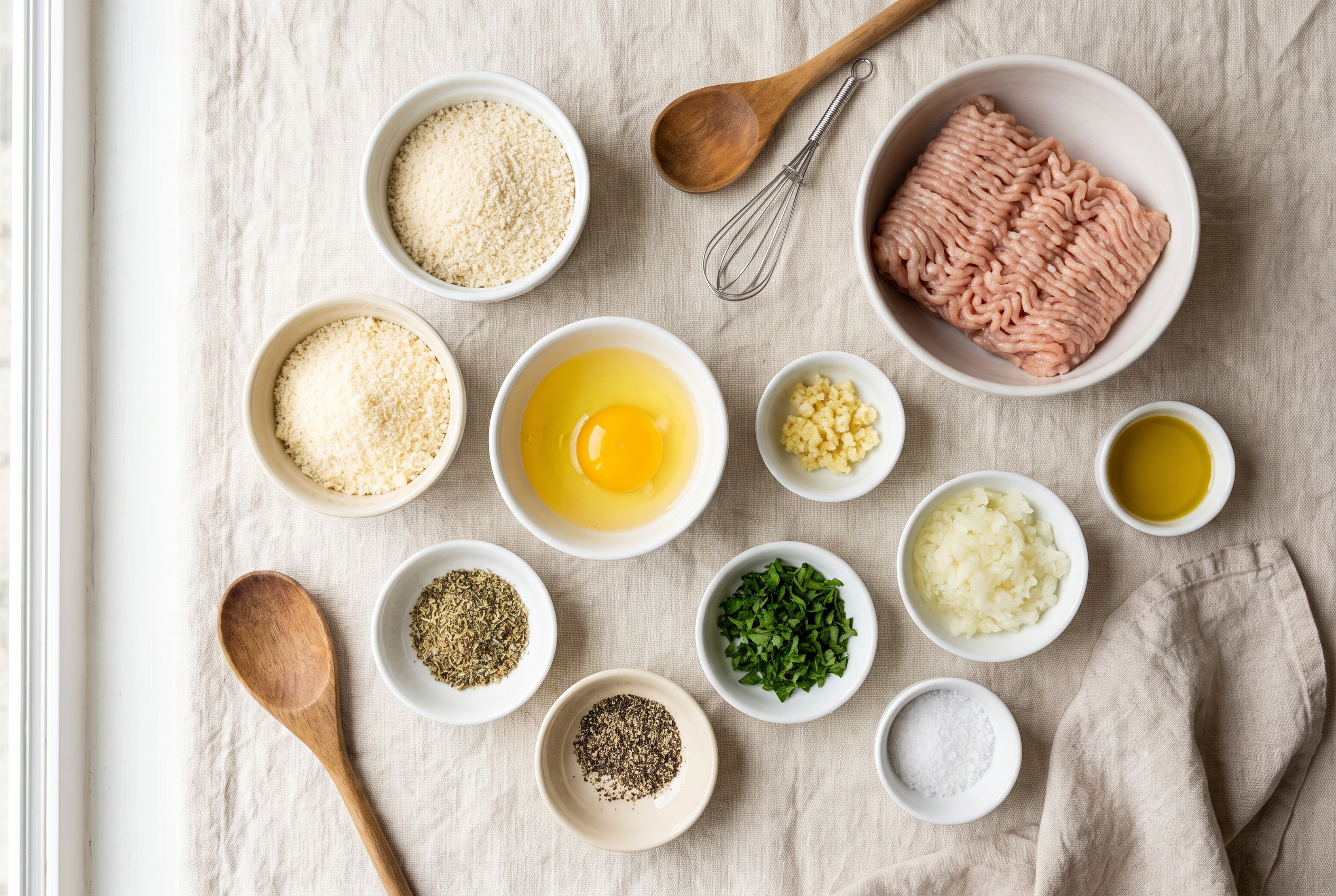 Ingredients for baked chicken meatballs: ground chicken, panko breadcrumbs, grated parmesan, egg, garlic, grated onion, Italian seasoning, parsley, salt, pepper and olive oil in small bowls