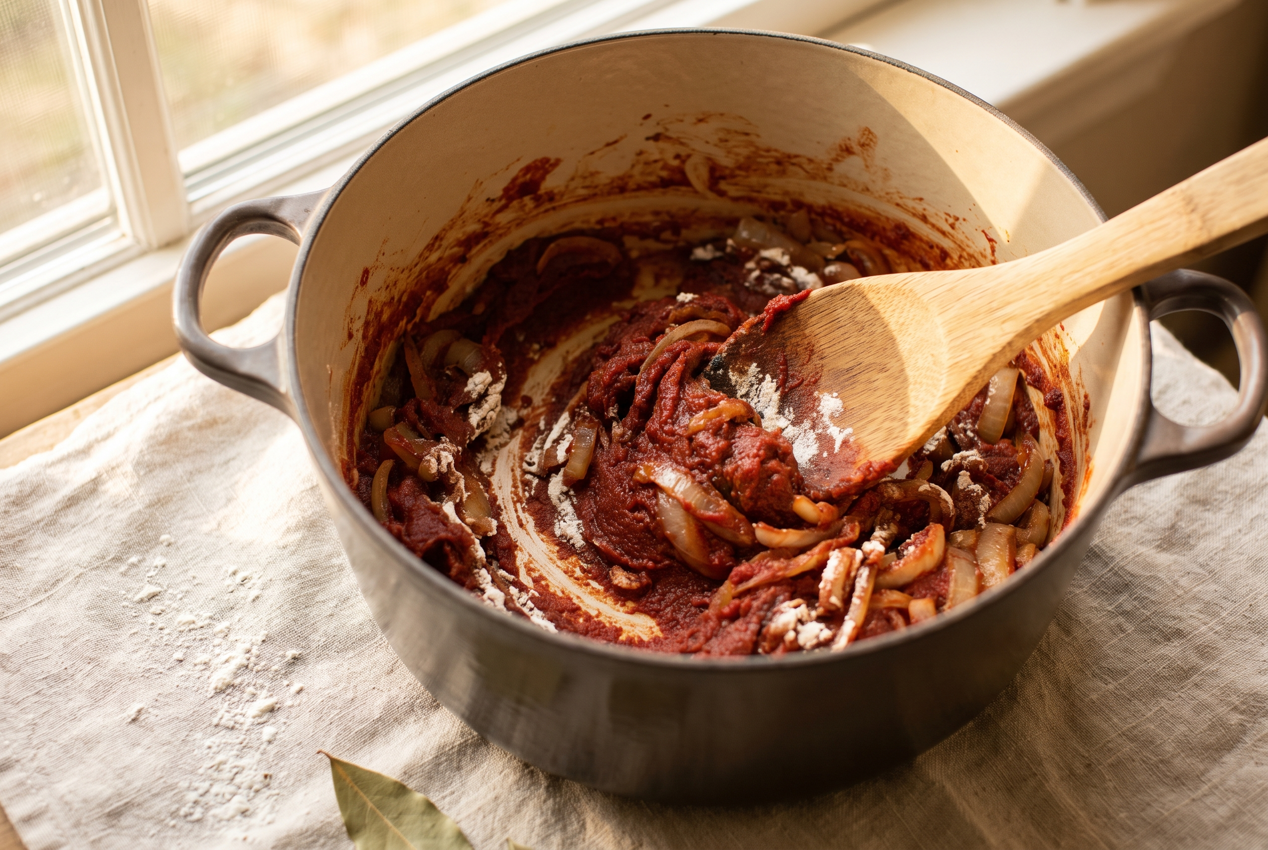 Tomato paste and flour stirred into onions in a dutch oven, darkening to deep brick red