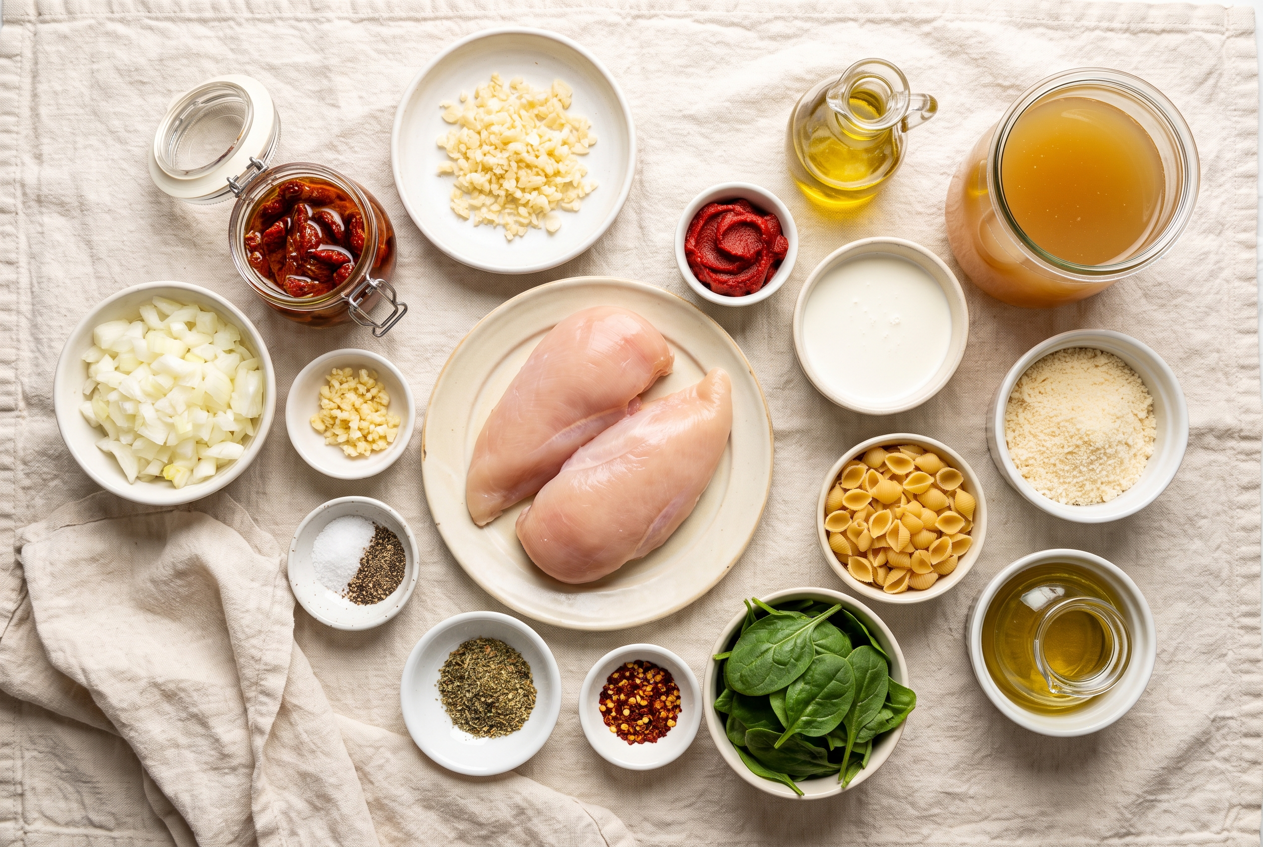 Ingredients for marry me chicken soup laid out in bowls: chicken breasts, onion, garlic, sun-dried tomatoes, tomato paste, broth, cream, parmesan, pasta shells and spinach