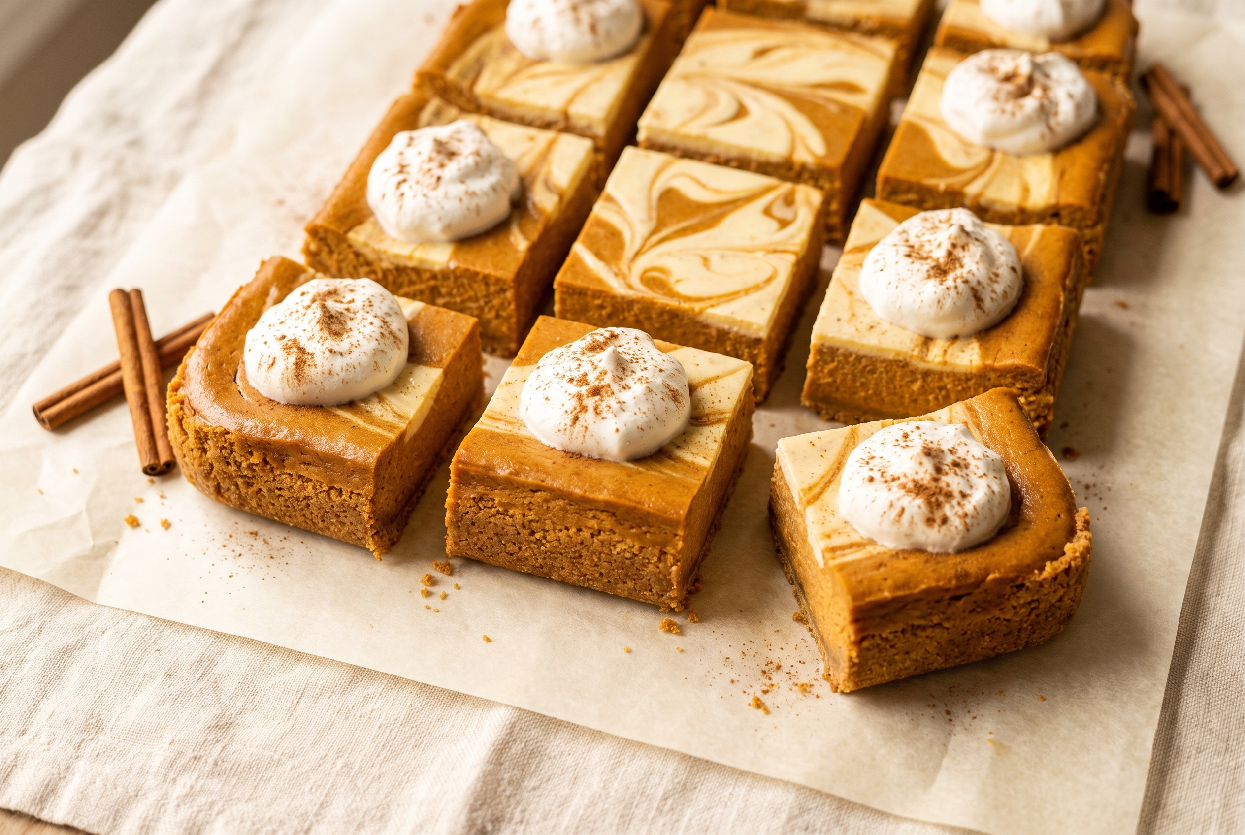 Pumpkin cheesecake bars cut into squares showing a golden graham crust and swirled orange and cream cheesecake layer