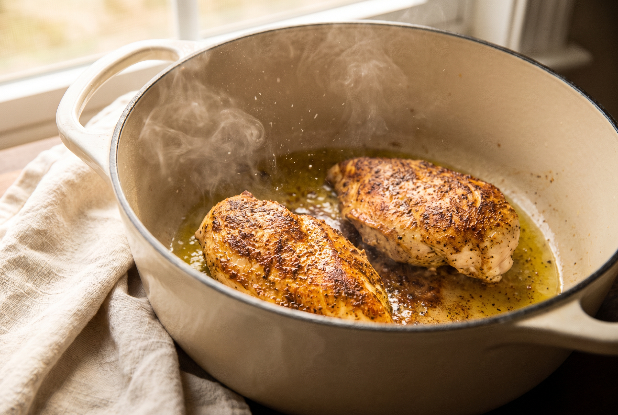 Seasoned chicken breasts searing golden brown in olive oil in a dutch oven for marry me chicken soup