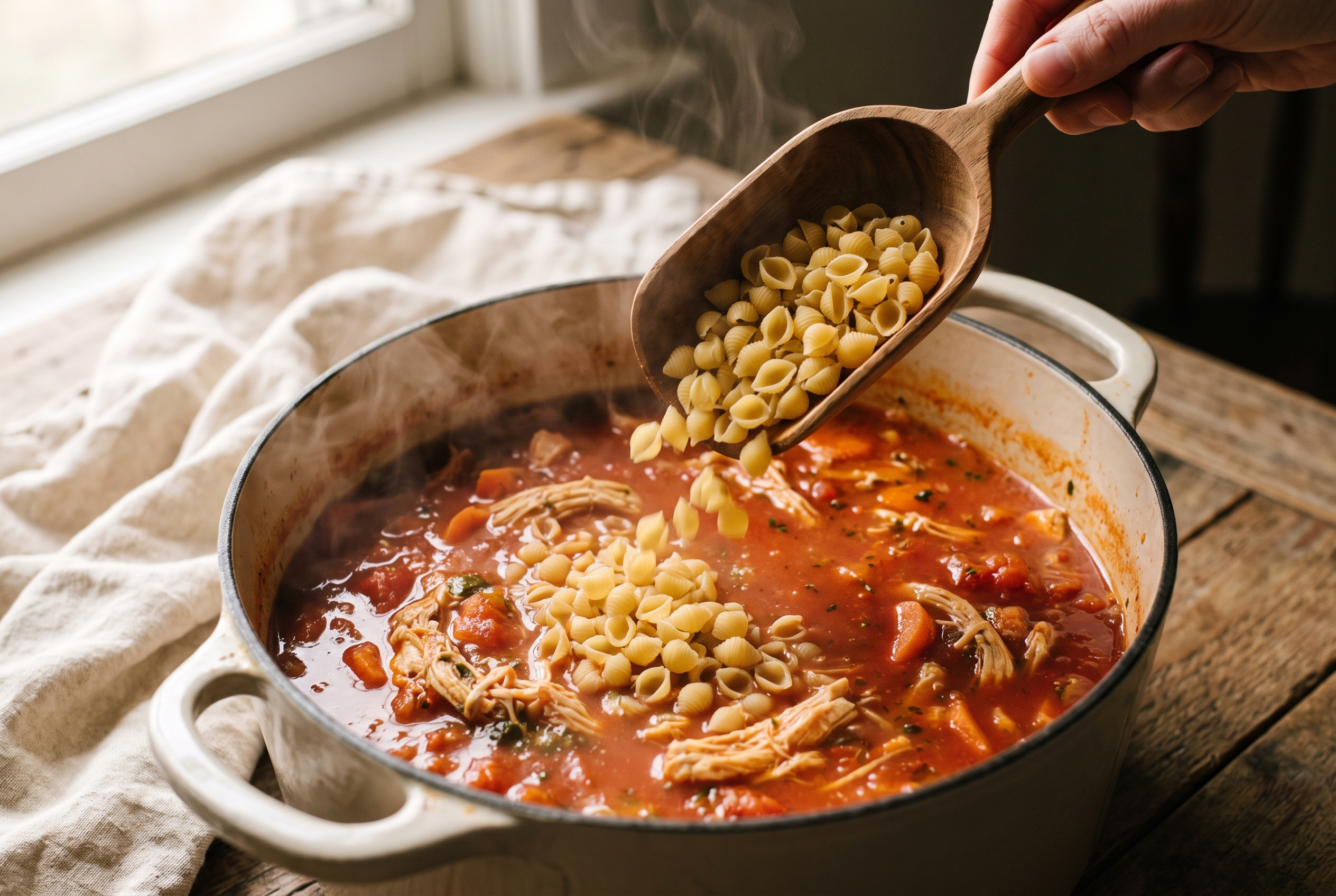 Small pasta shells being added to simmering tomato chicken broth in a dutch oven