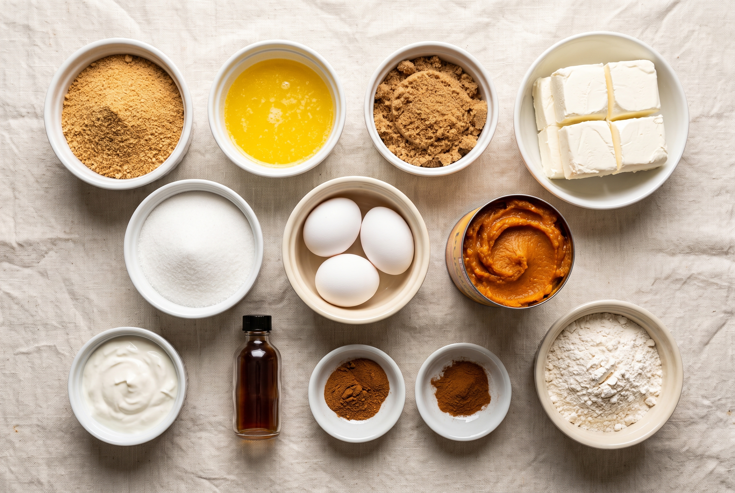 Ingredients for pumpkin cheesecake bars in bowls: graham cracker crumbs, butter, brown sugar, cream cheese, eggs, sour cream, pumpkin puree, vanilla and pumpkin pie spice