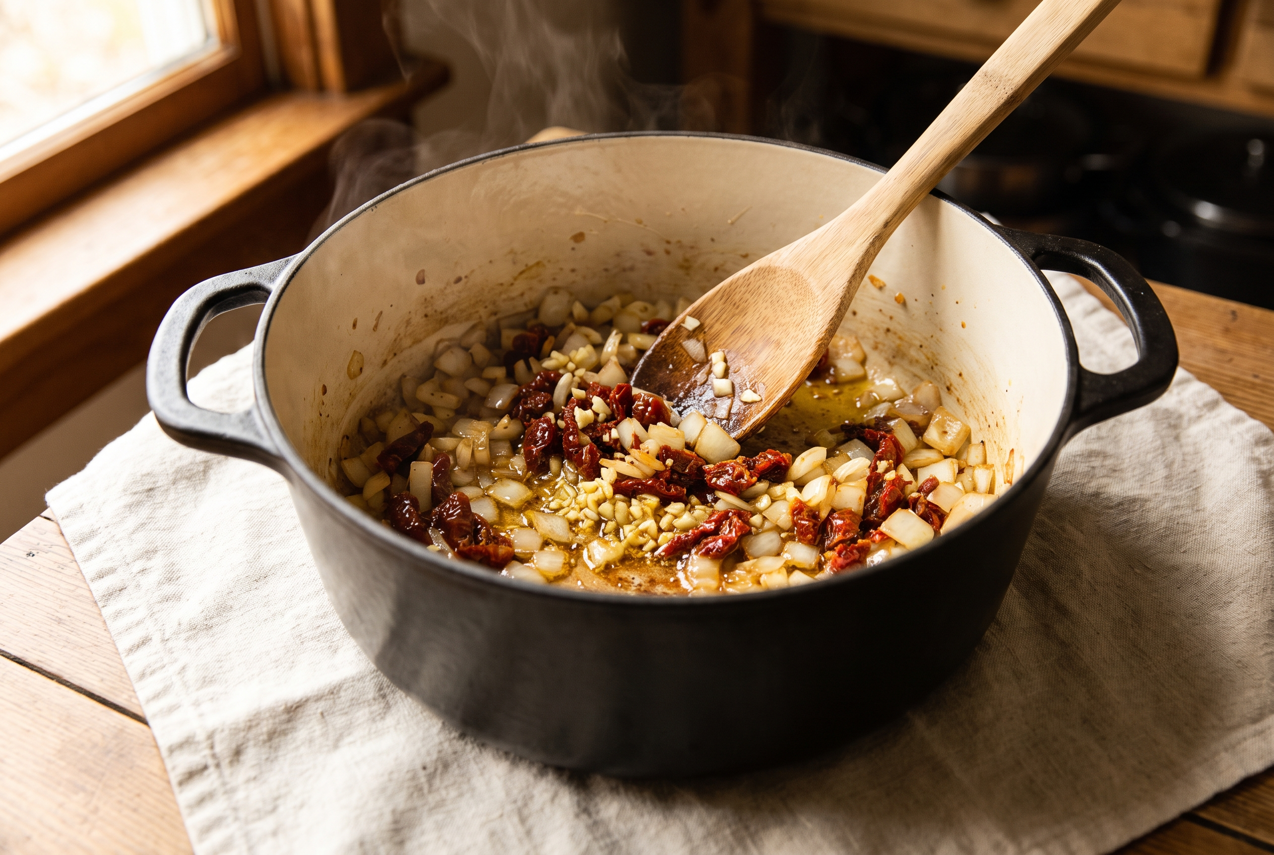 Diced onion, garlic and chopped sun-dried tomatoes softening in a dutch oven