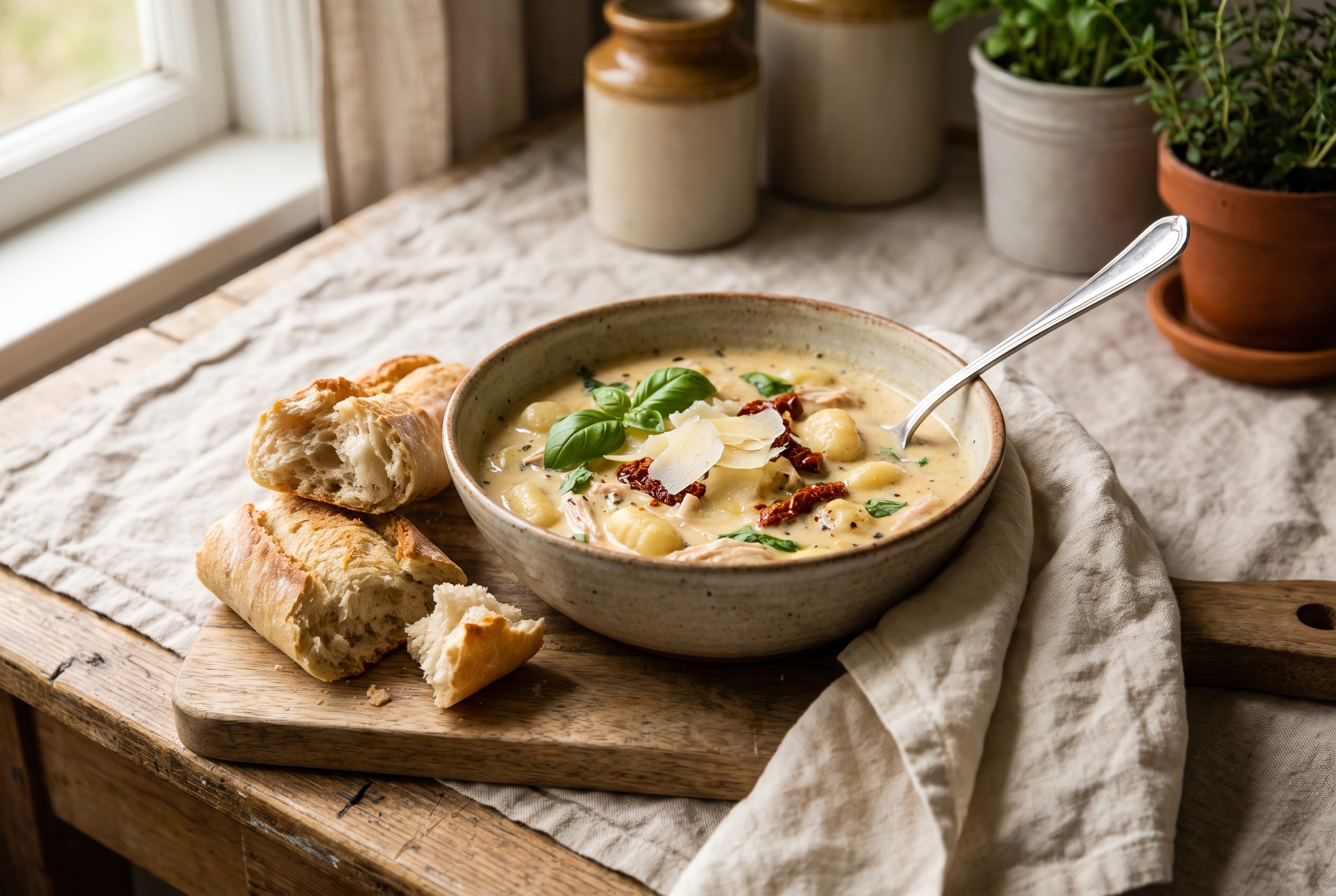 A served bowl of creamy marry me chicken soup with shaved parmesan, basil and crusty bread alongside