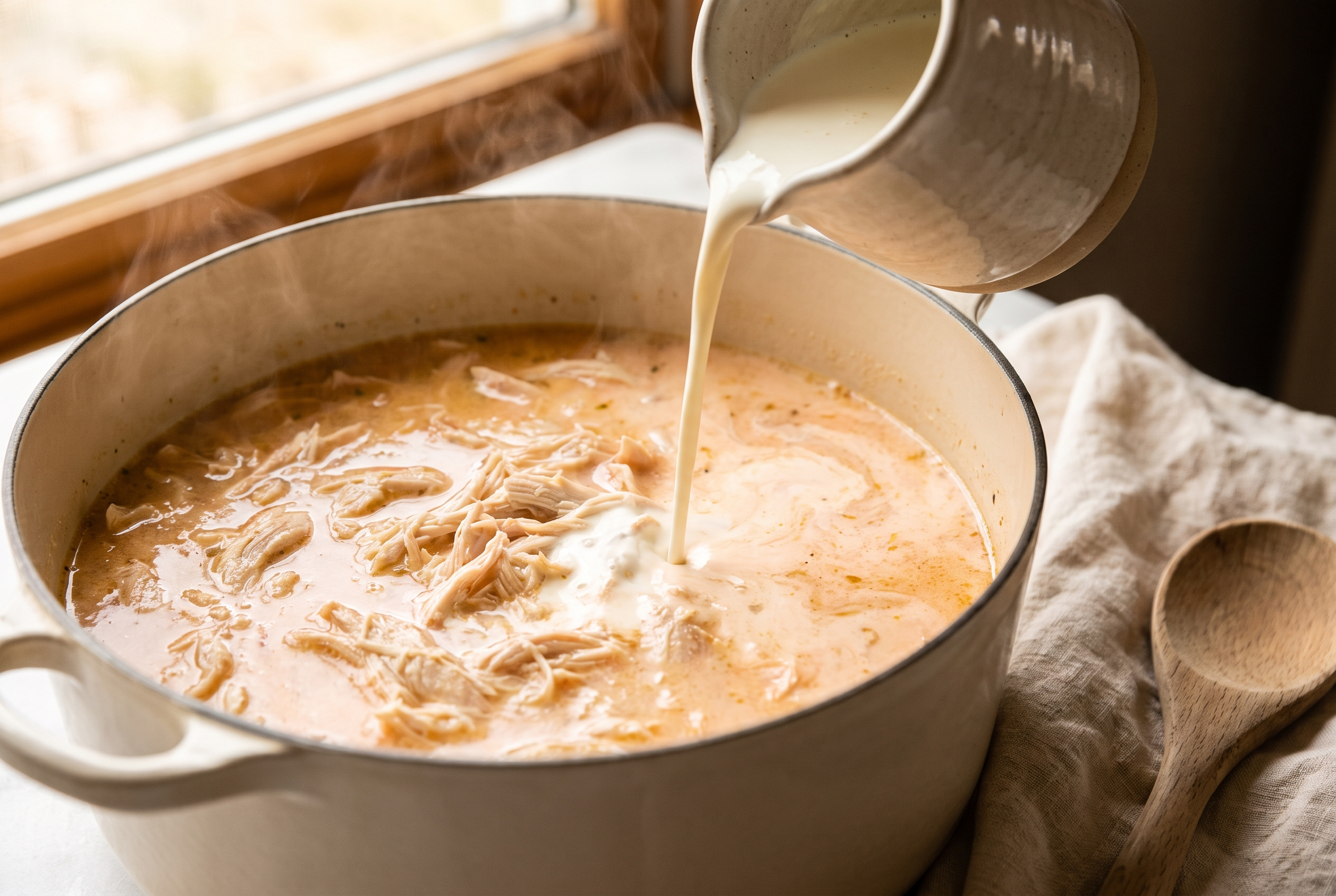 Heavy cream and parmesan being stirred into a pot of chicken soup, turning the broth blush orange