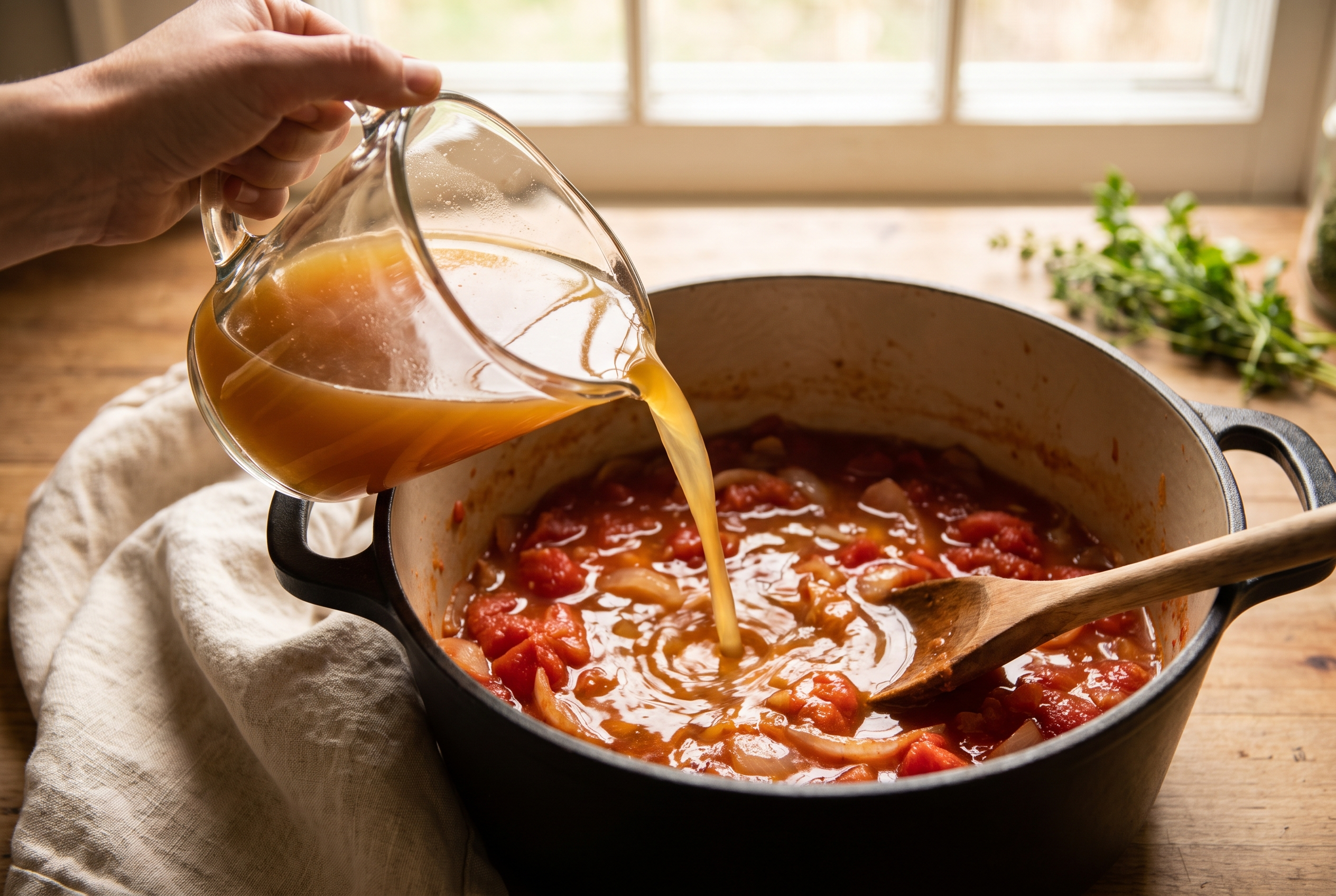 Chicken broth being poured into a dutch oven of tomato and onion base for chicken soup