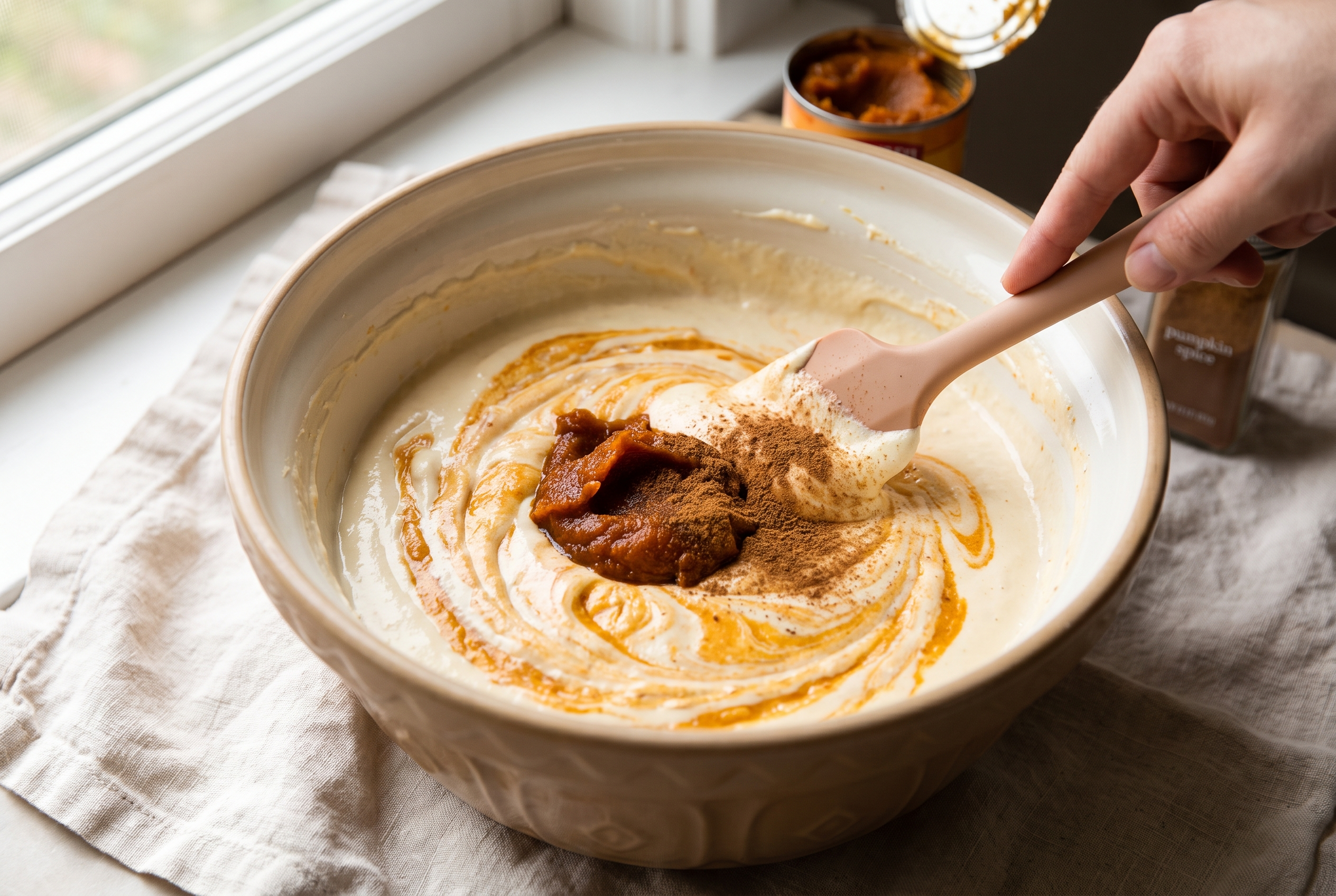 Pumpkin puree and pumpkin pie spice being folded into cheesecake batter with a spatula