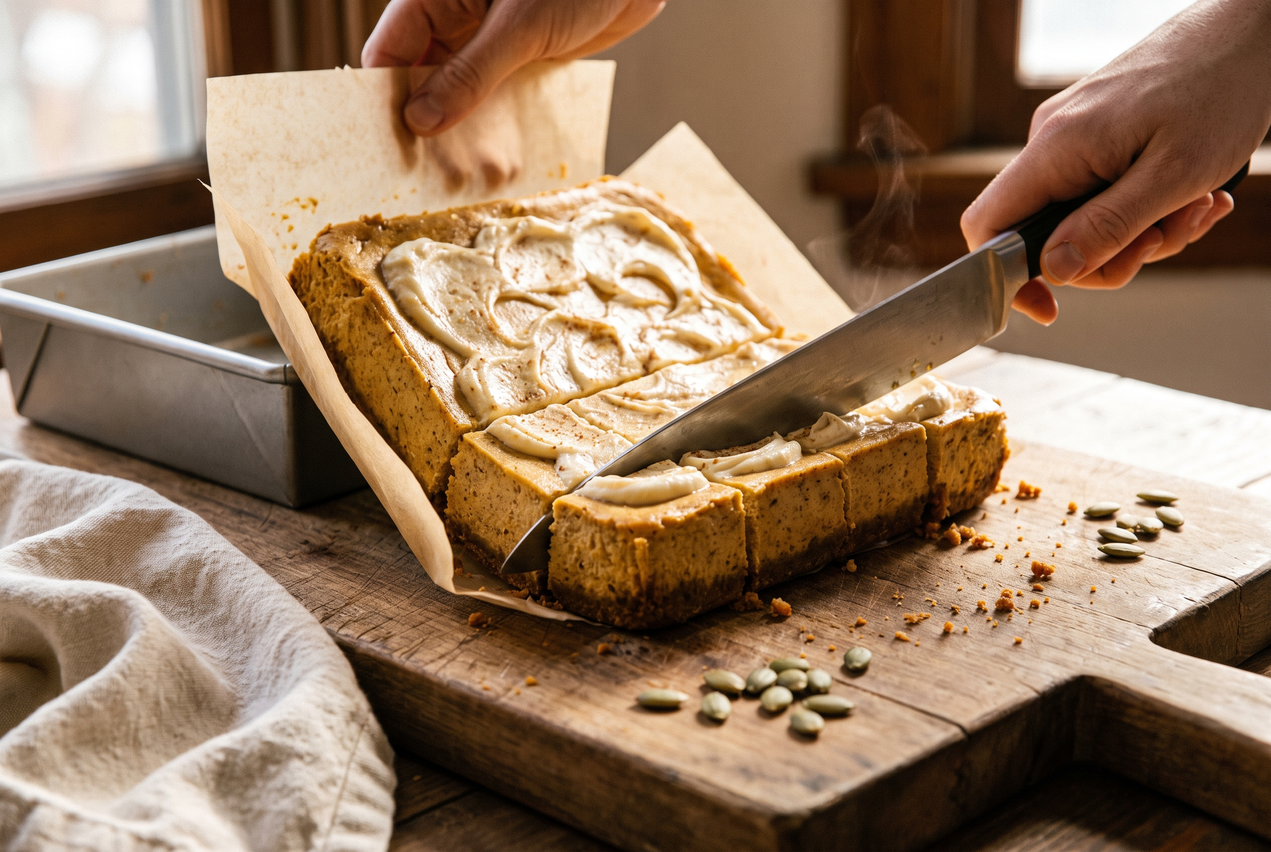 A chilled pan of pumpkin cheesecake lifted out by the parchment sling and sliced into neat bars