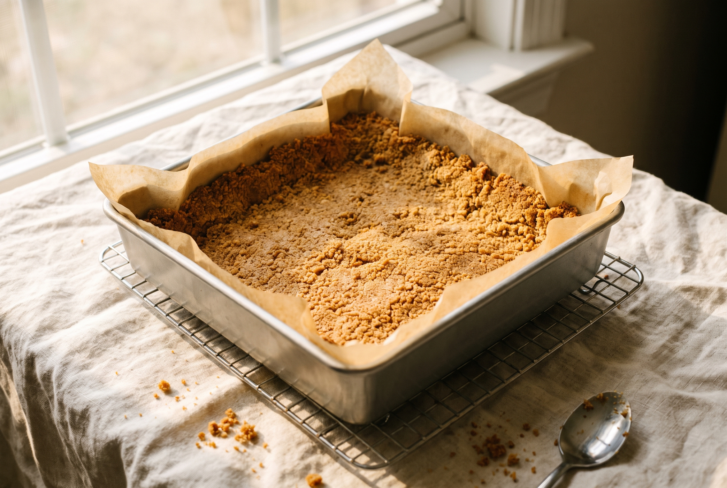 A par-baked golden graham cracker crust cooling in a square baking pan on a wire rack