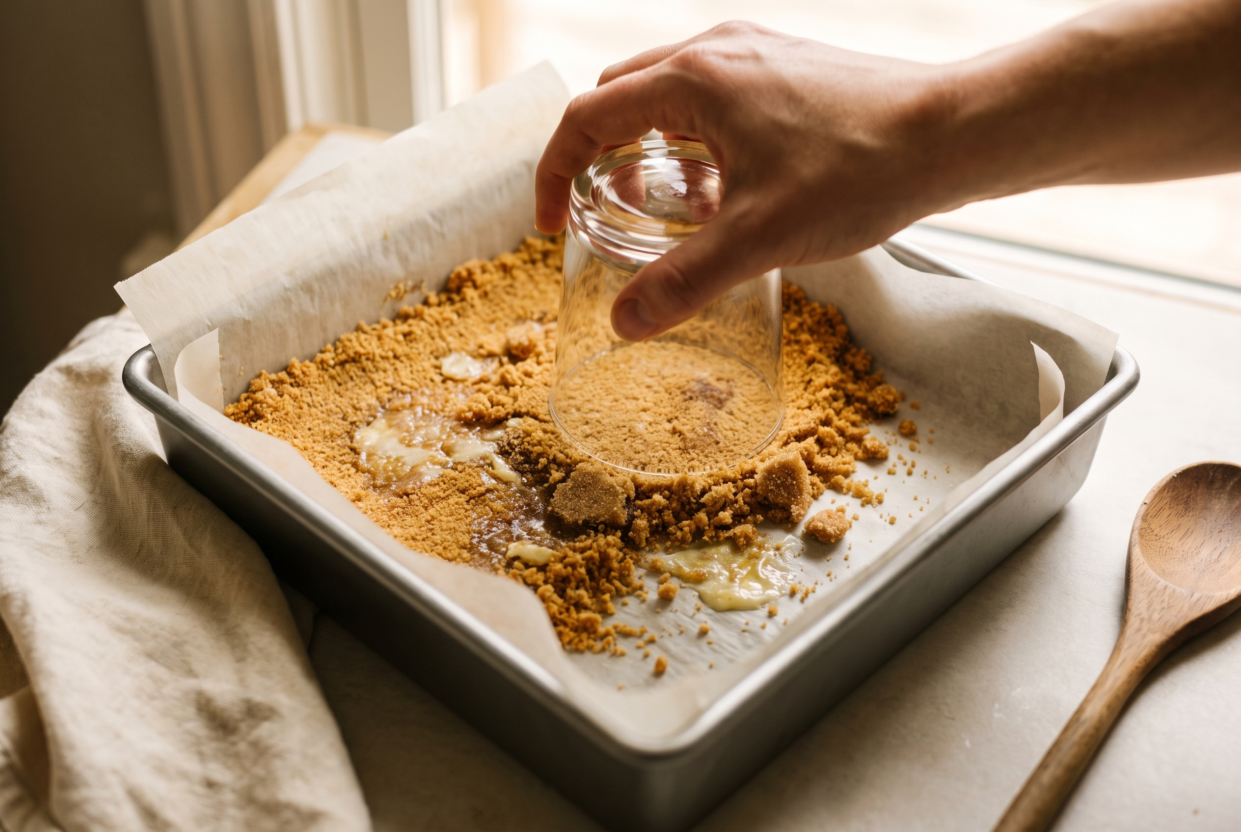 Graham cracker crust being pressed into a parchment-lined square pan with the base of a glass