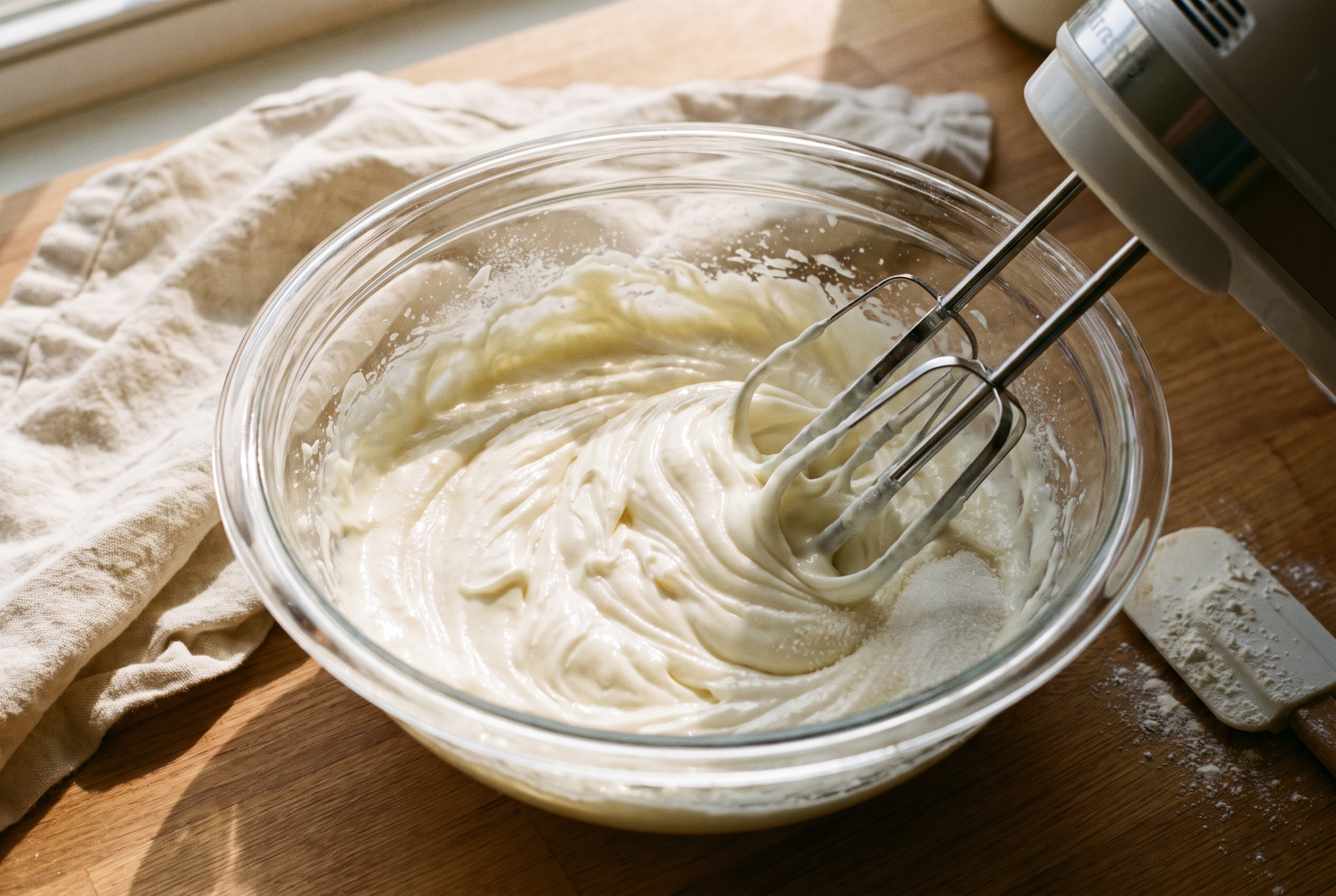 Cream cheese and sugar being beaten smooth and glossy in a glass bowl with a hand mixer