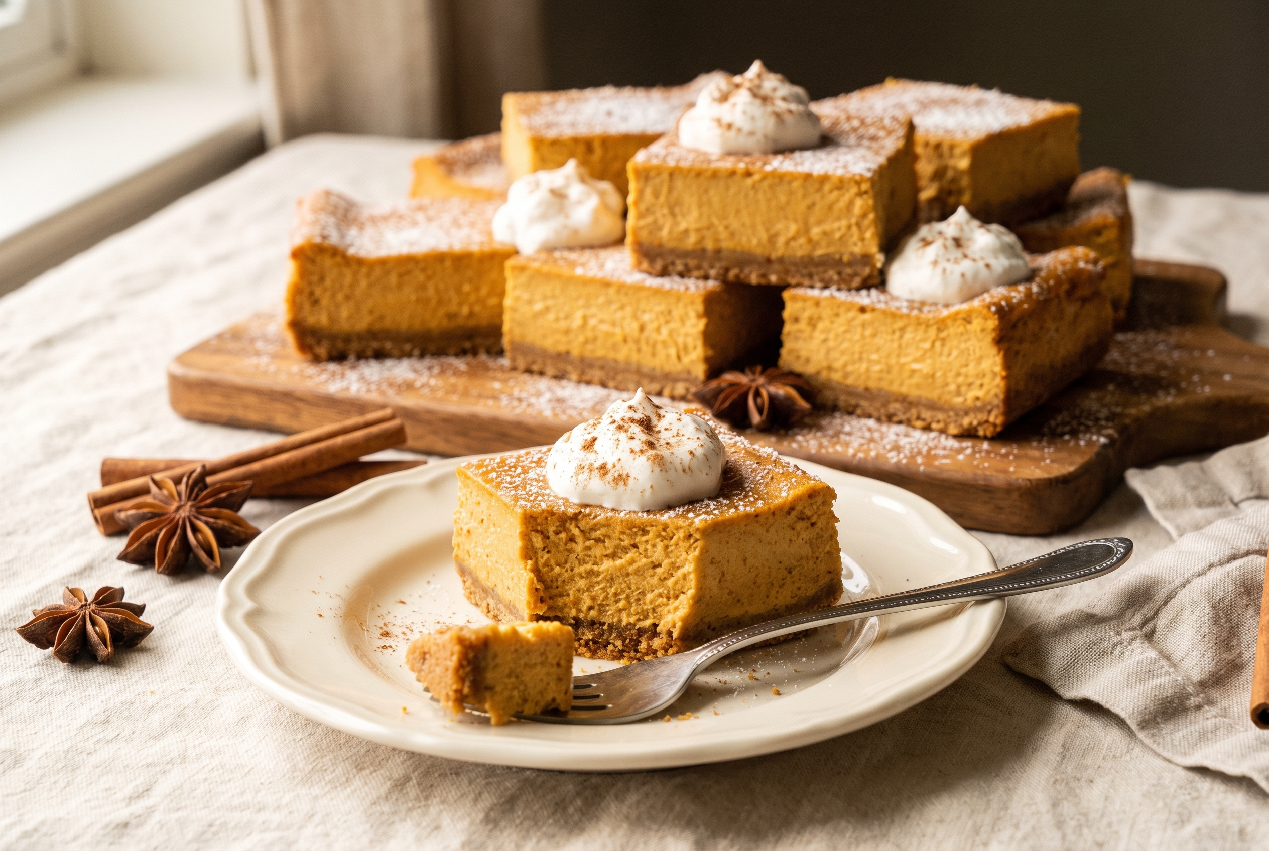 A pumpkin cheesecake bar on a dessert plate with a bite taken out, showing the creamy orange layer and graham crust, whipped cream and cinnamon