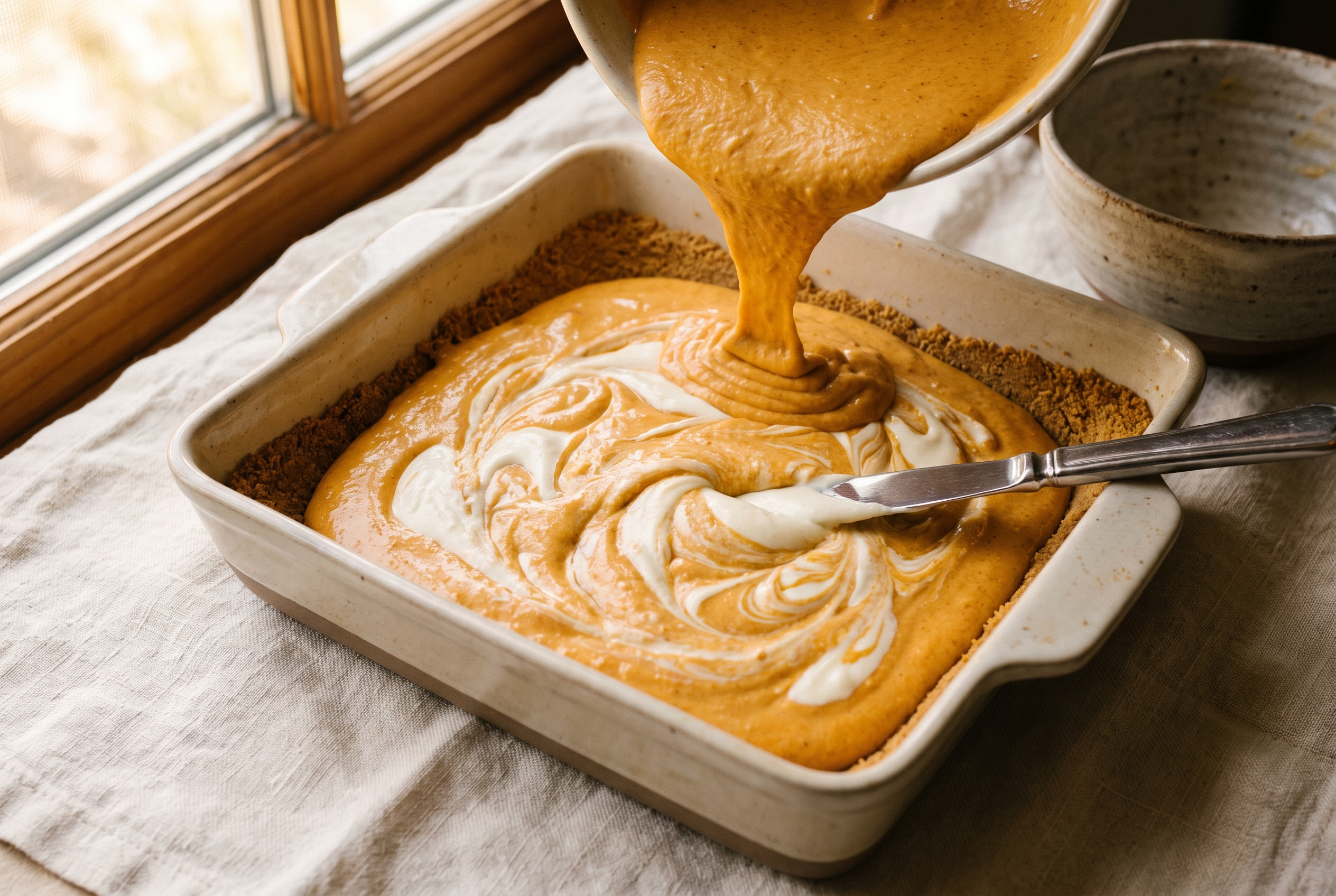 Orange pumpkin cheesecake batter poured over a graham crust and swirled with plain batter using a knife