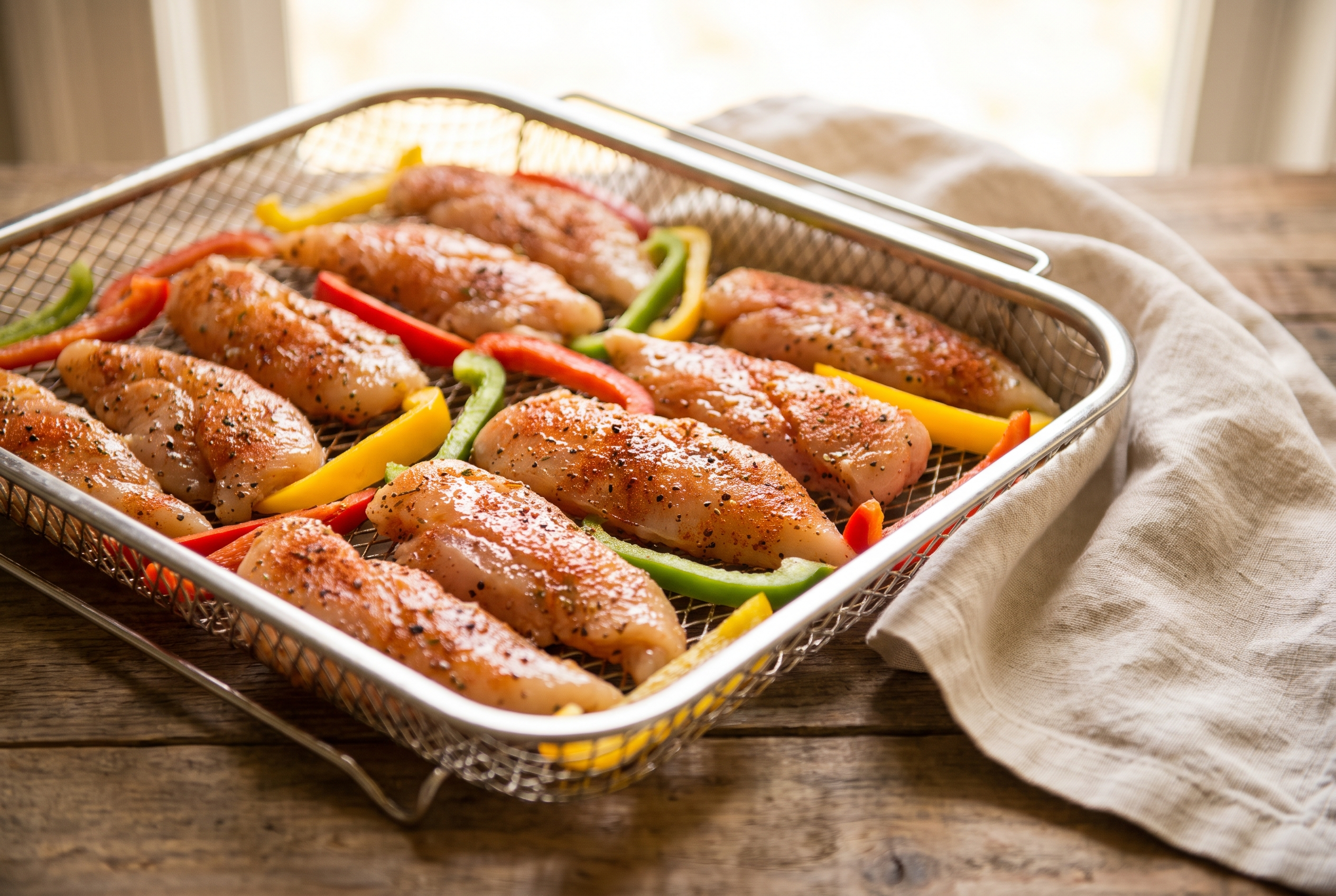 Seasoned chicken and pepper strips spread in a single even layer in a stainless air fryer basket
