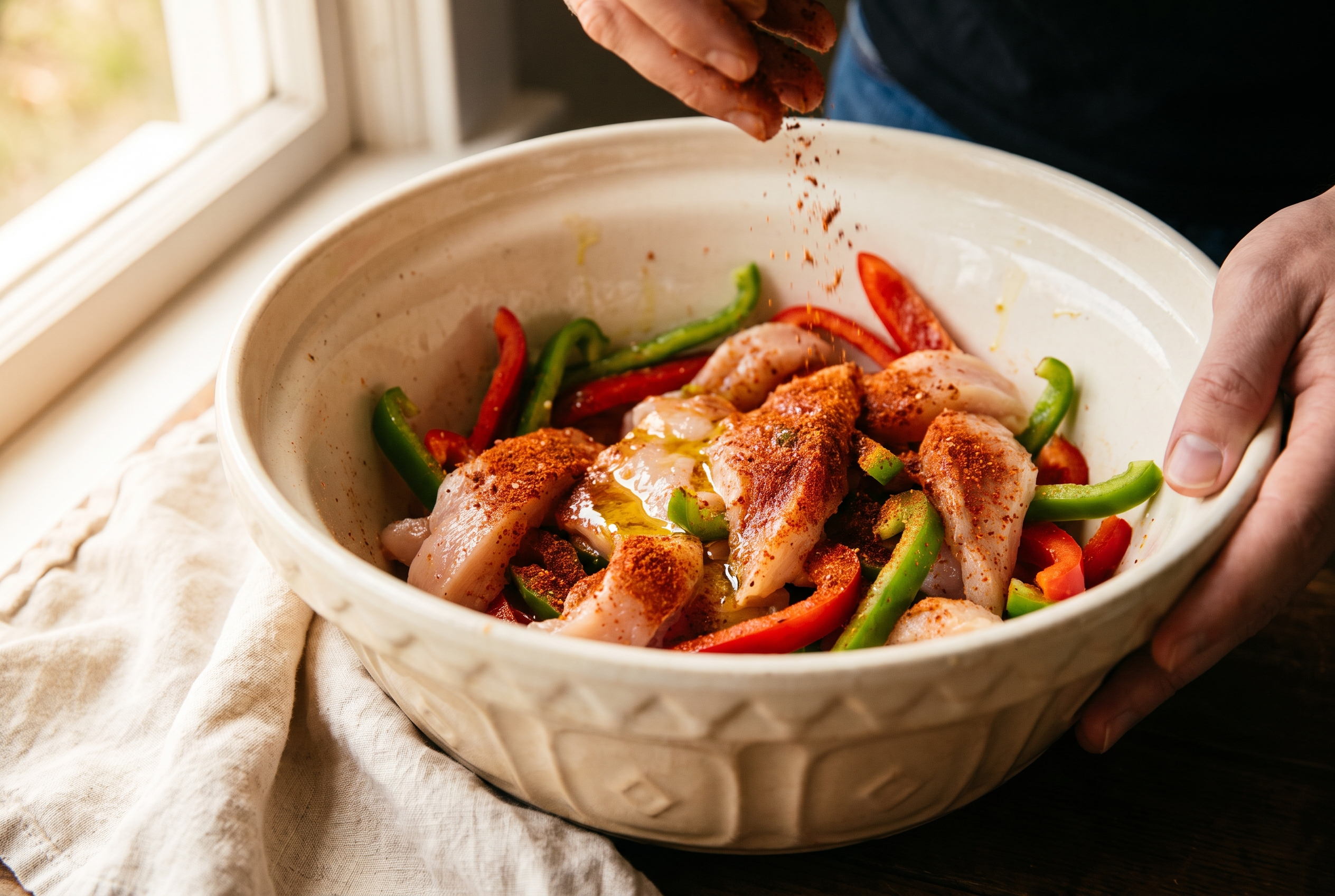 Chicken strips and bell pepper strips being tossed with olive oil and red fajita spices in a cream mixing bowl