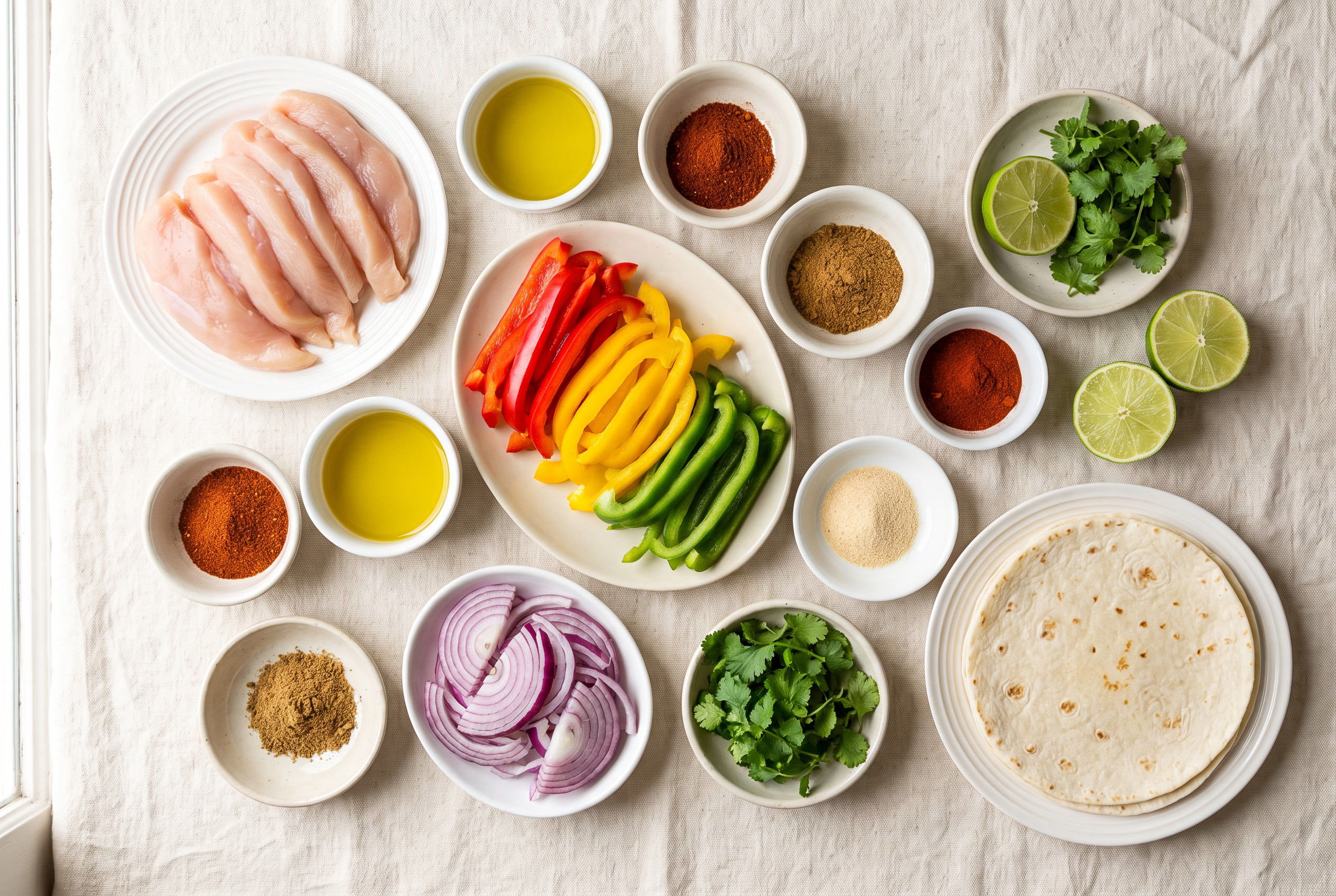 Ingredients for air fryer chicken fajitas in small bowls: sliced chicken breast, red yellow and green bell peppers, red onion, olive oil, chili powder, cumin, smoked paprika, garlic powder, lime and cilantro