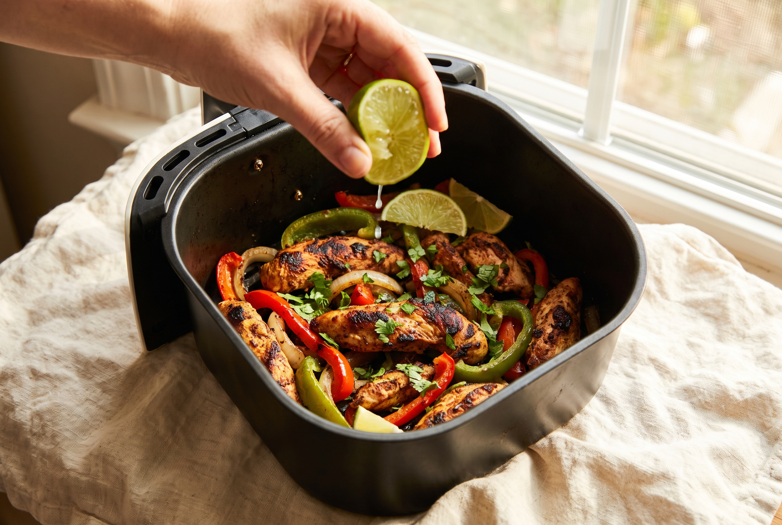 Fresh lime juice being squeezed over finished golden charred air fryer chicken fajitas with chopped cilantro