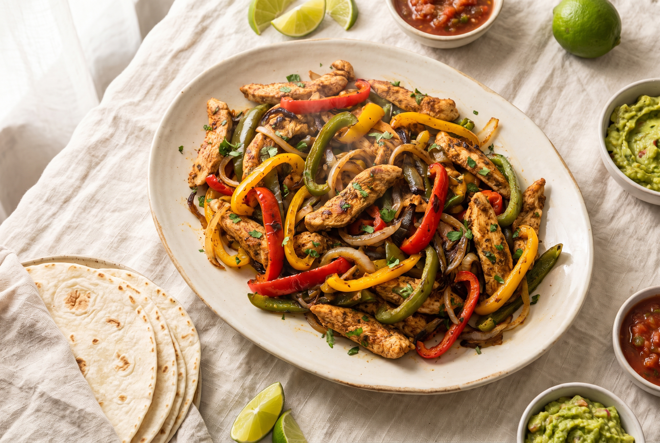 Air fryer chicken fajitas on a cream platter with charred red, yellow and green bell peppers, onions, warm tortillas, lime wedges and cilantro