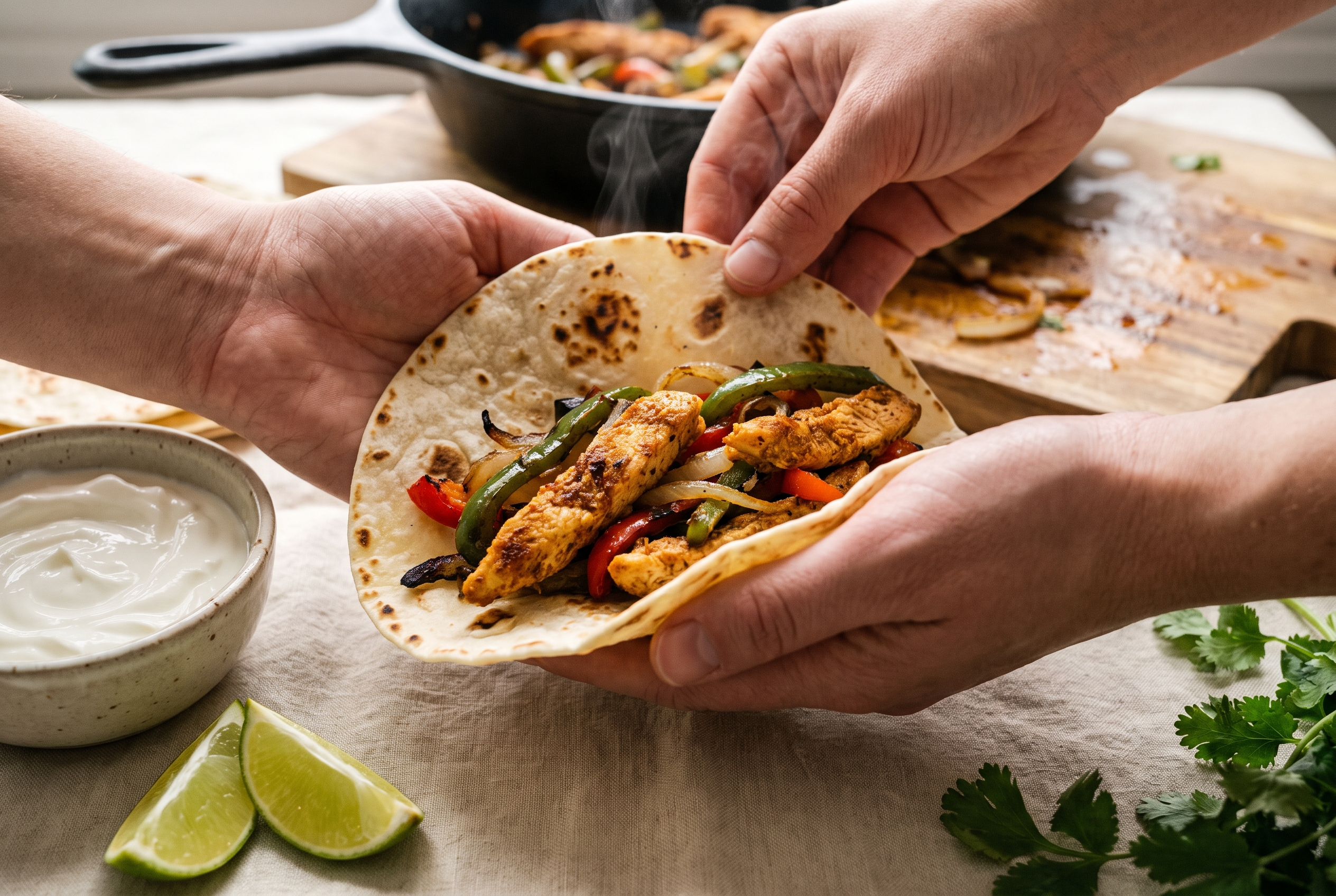 A warm flour tortilla being filled with air fryer chicken fajita strips and charred peppers with sour cream and lime alongside