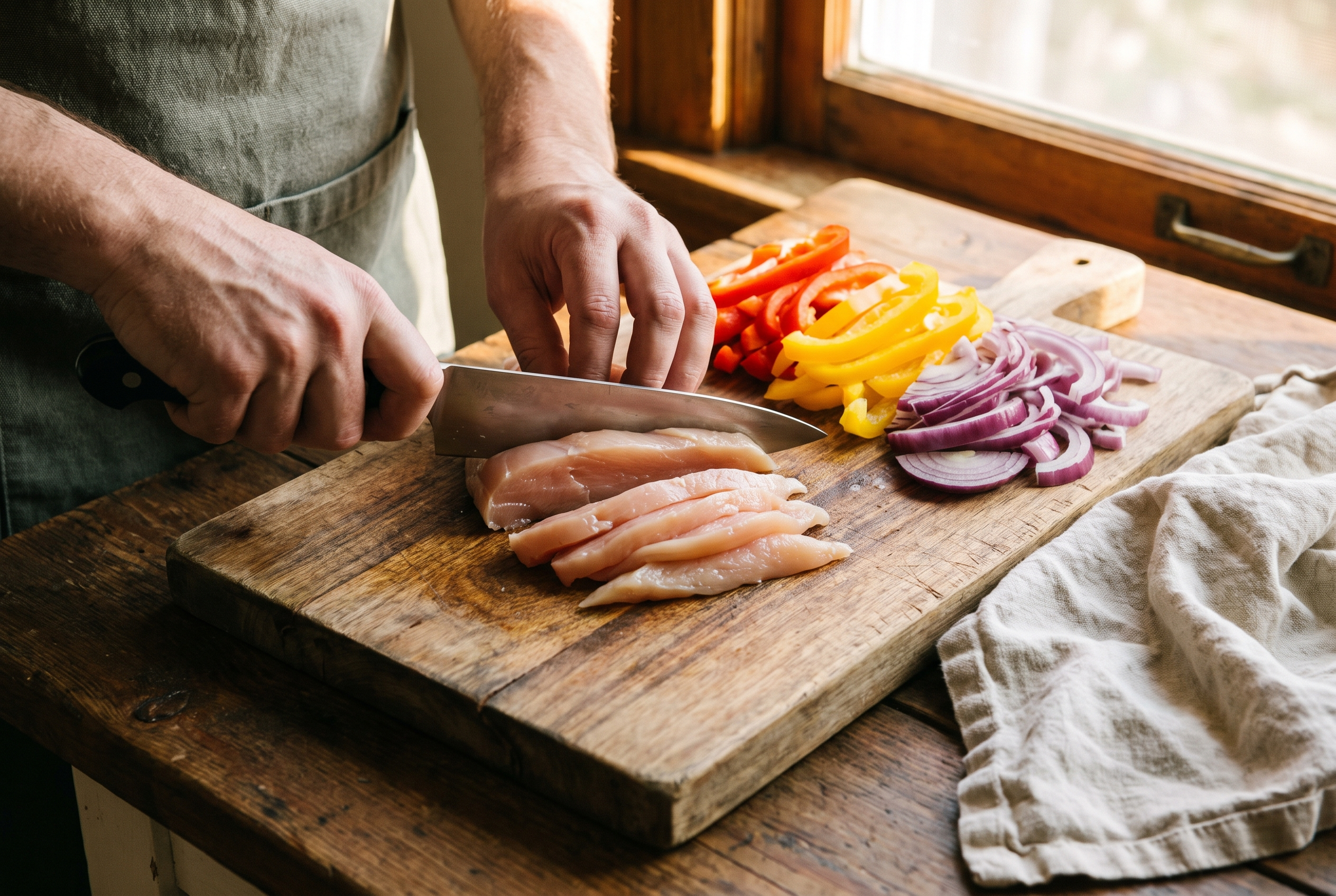 Raw chicken breast being sliced into even half-inch strips on a wooden board beside sliced bell peppers and red onion for air fryer chicken fajitas
