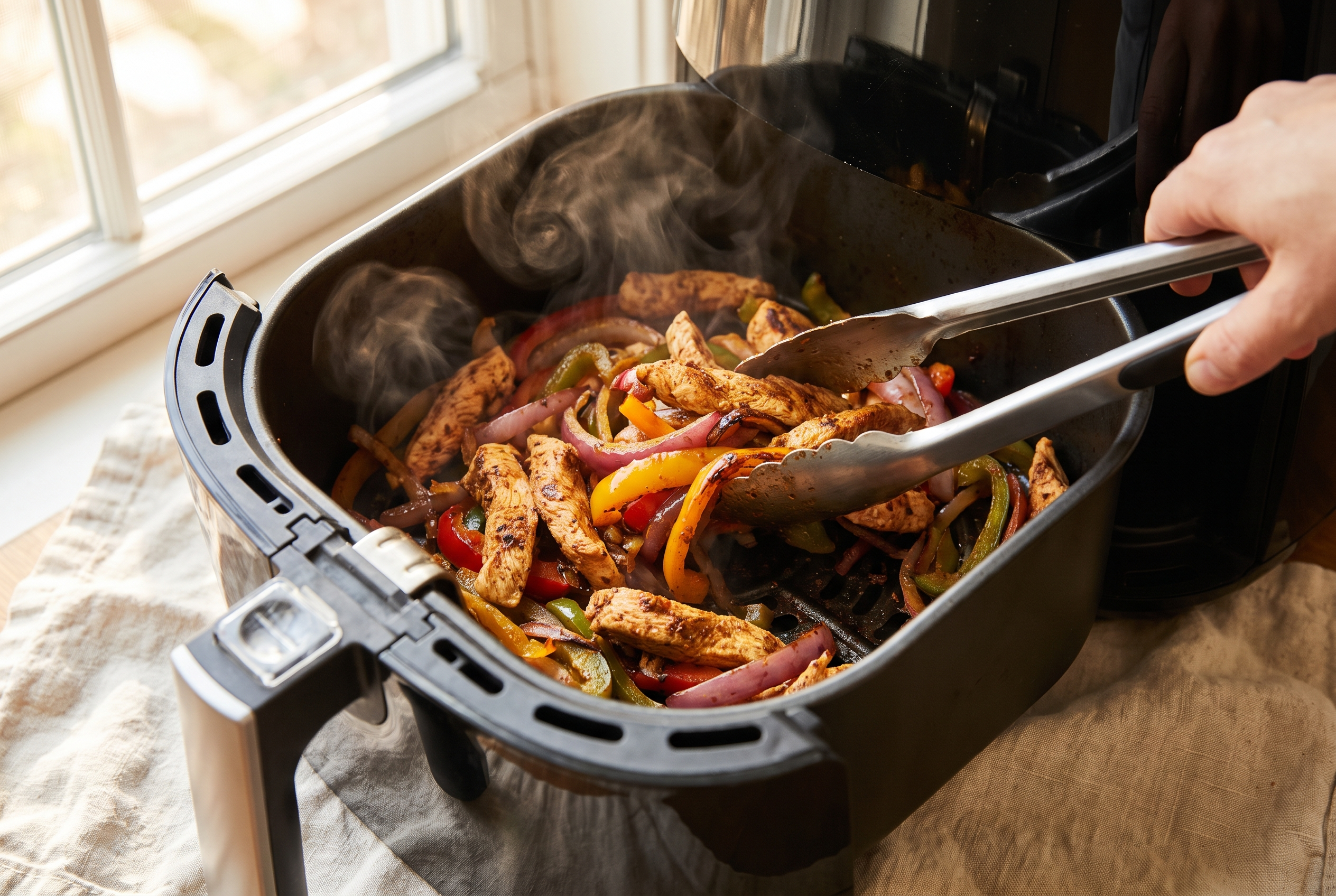 Air fryer basket pulled open halfway through cooking with partly browned chicken fajita strips and charred peppers, tongs tossing them