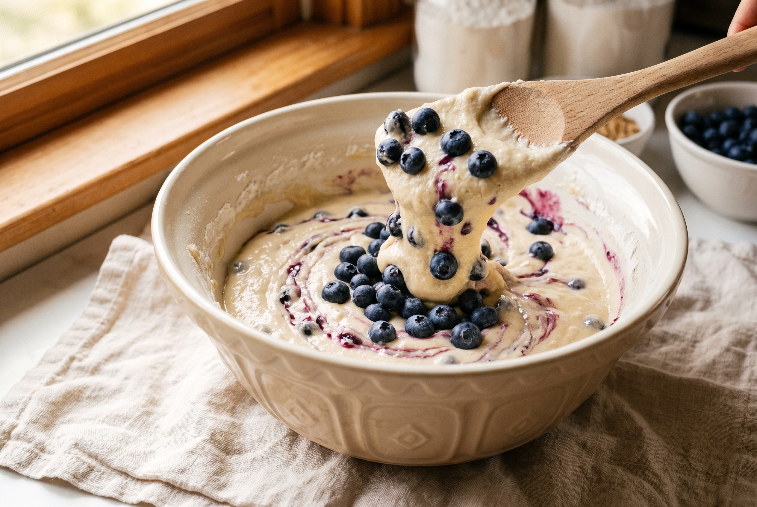 Fresh blueberries being folded into thick pale protein muffin batter in a cream mixing bowl