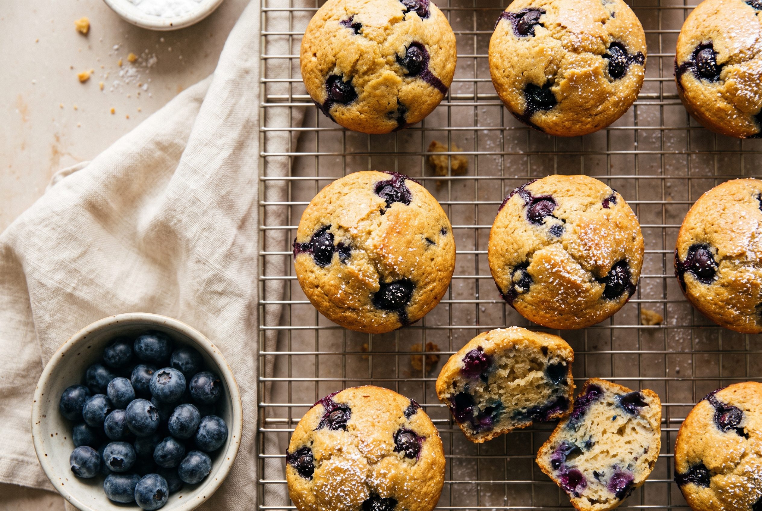 Blueberry protein muffins with golden domed tops studded with fresh blueberries cooling on a wire rack