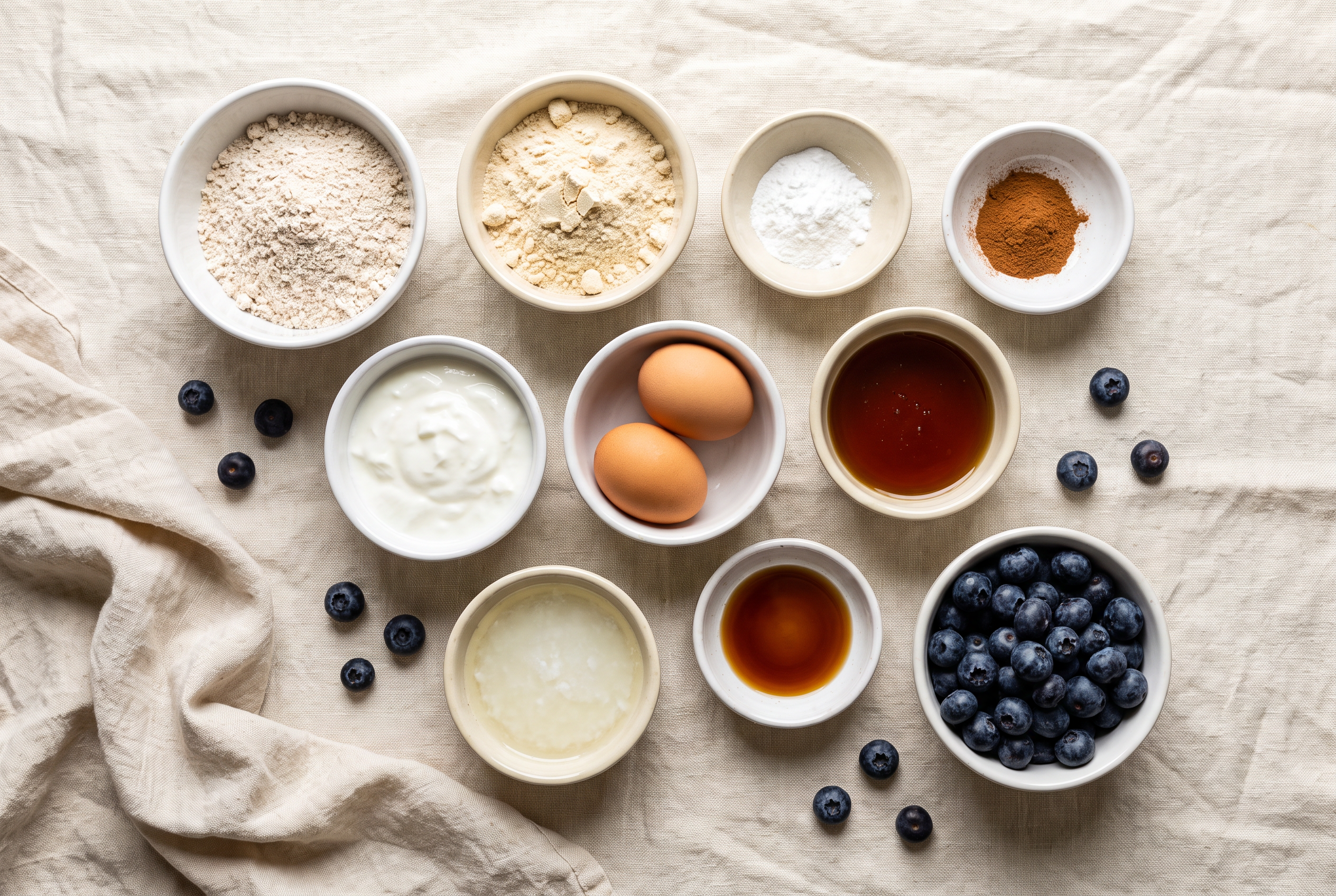 Ingredients for blueberry protein muffins in small bowls: oat flour, vanilla protein powder, baking powder, cinnamon, Greek yogurt, eggs, maple syrup, coconut oil, vanilla and fresh blueberries