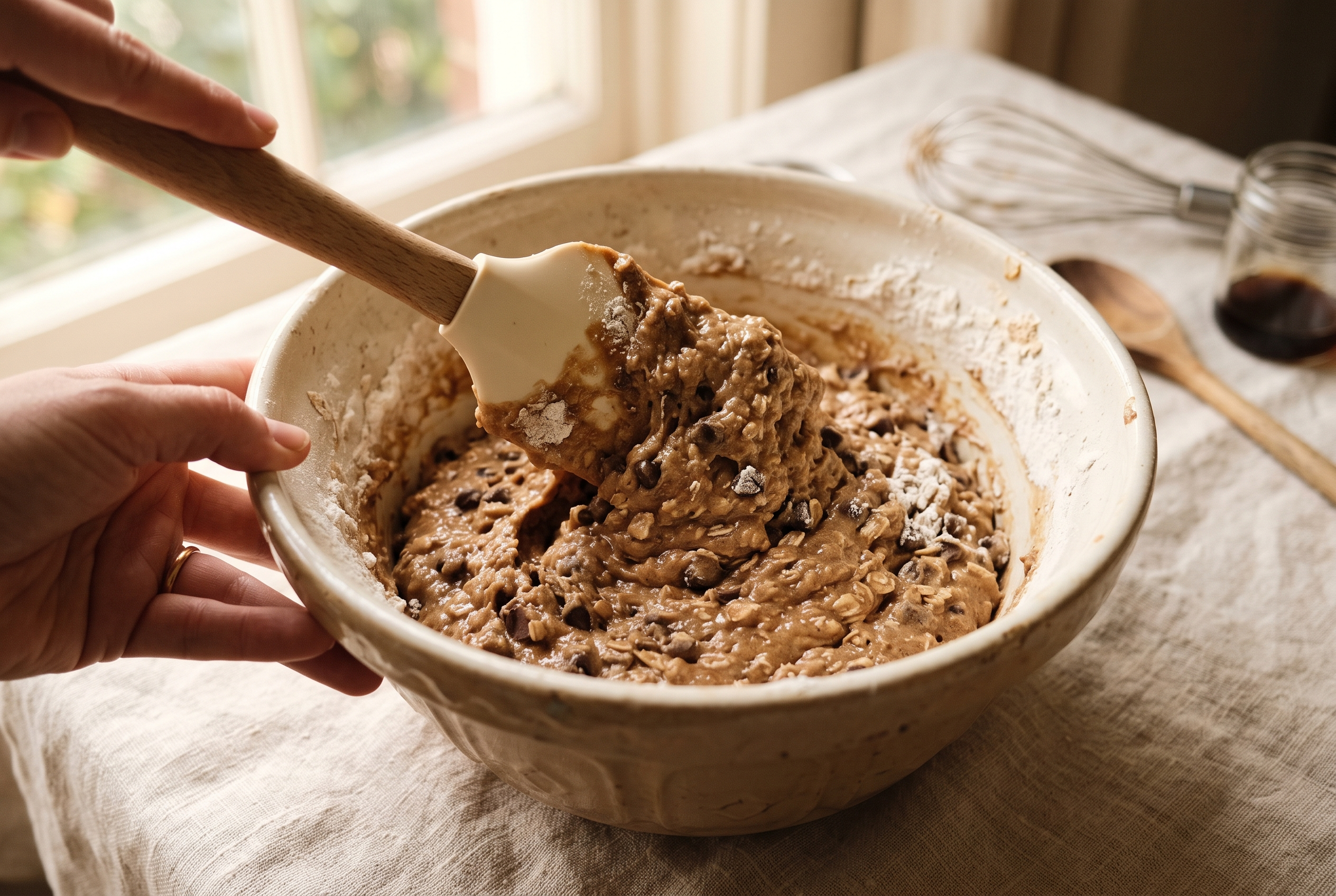 Wet and dry ingredients being folded together into a thick muffin batter with a silicone spatula