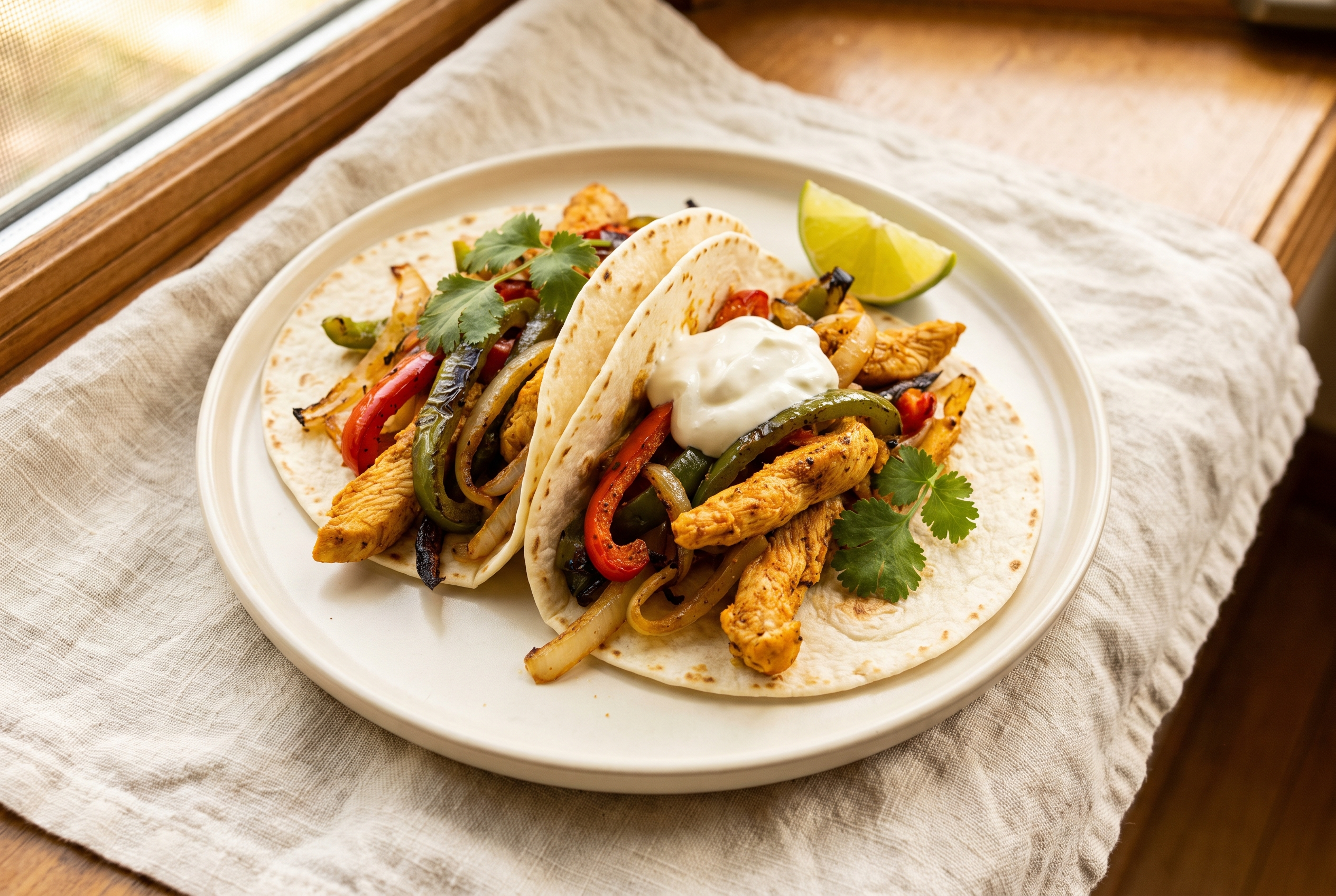Two assembled air fryer chicken fajita tortillas on a cream plate with charred peppers, golden chicken, sour cream, lime and cilantro