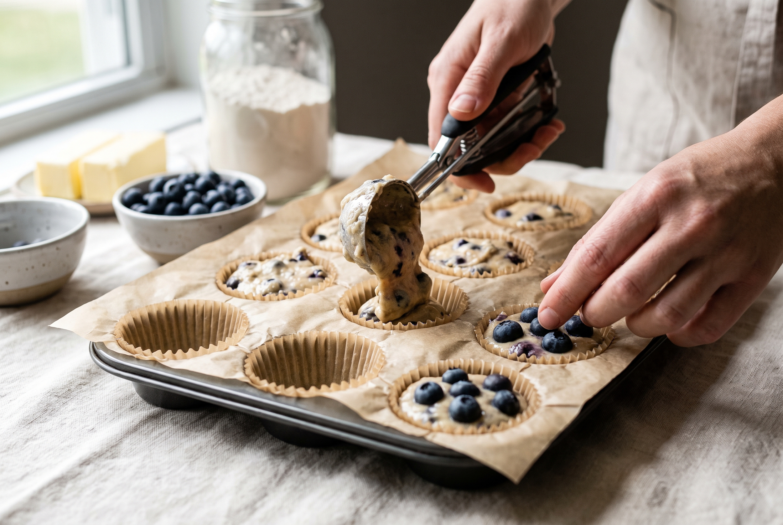 Thick protein muffin batter being scooped into a parchment-lined muffin tin with extra blueberries pressed on top