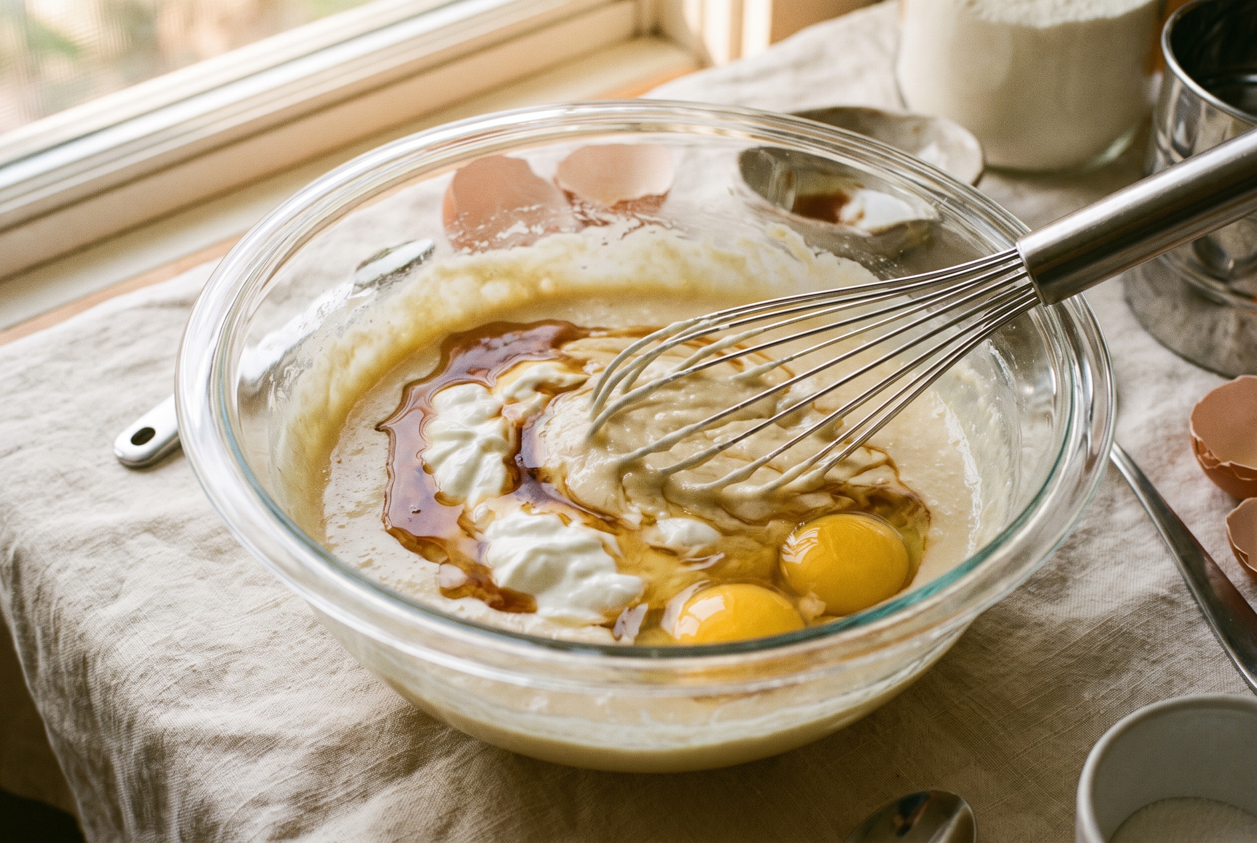 Greek yogurt, eggs, maple syrup and vanilla being whisked into a smooth pale batter base in a glass bowl
